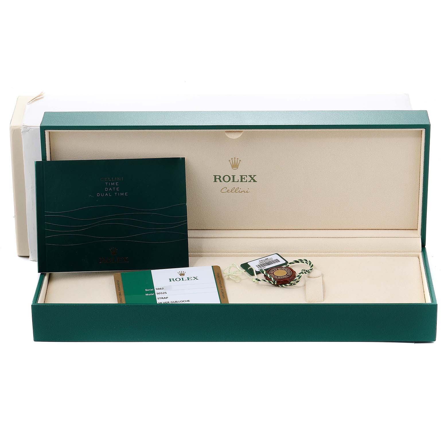 The image shows the packaging, warranty card, and booklet for a Rolex Cellini 50525 Men
s Rose Gold Silver Dial 50525 Men
s Rose Gold Silver Dial watch.