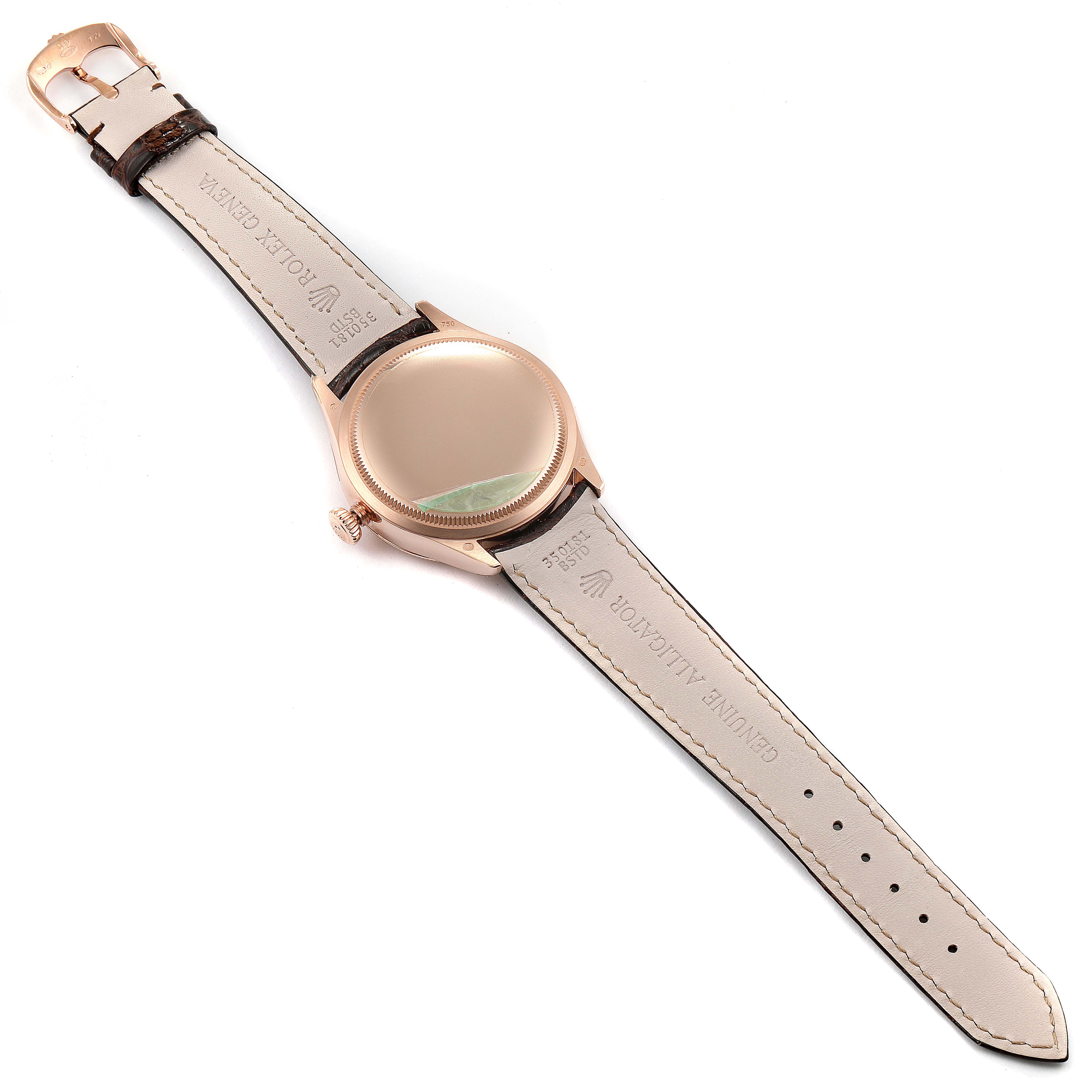 The image shows the back and strap of a Rolex Cellini 50525 Men
s Rose Gold Silver Dial 50525 Men
s Rose Gold Silver Dial watch, laid flat with the buckle end extended.