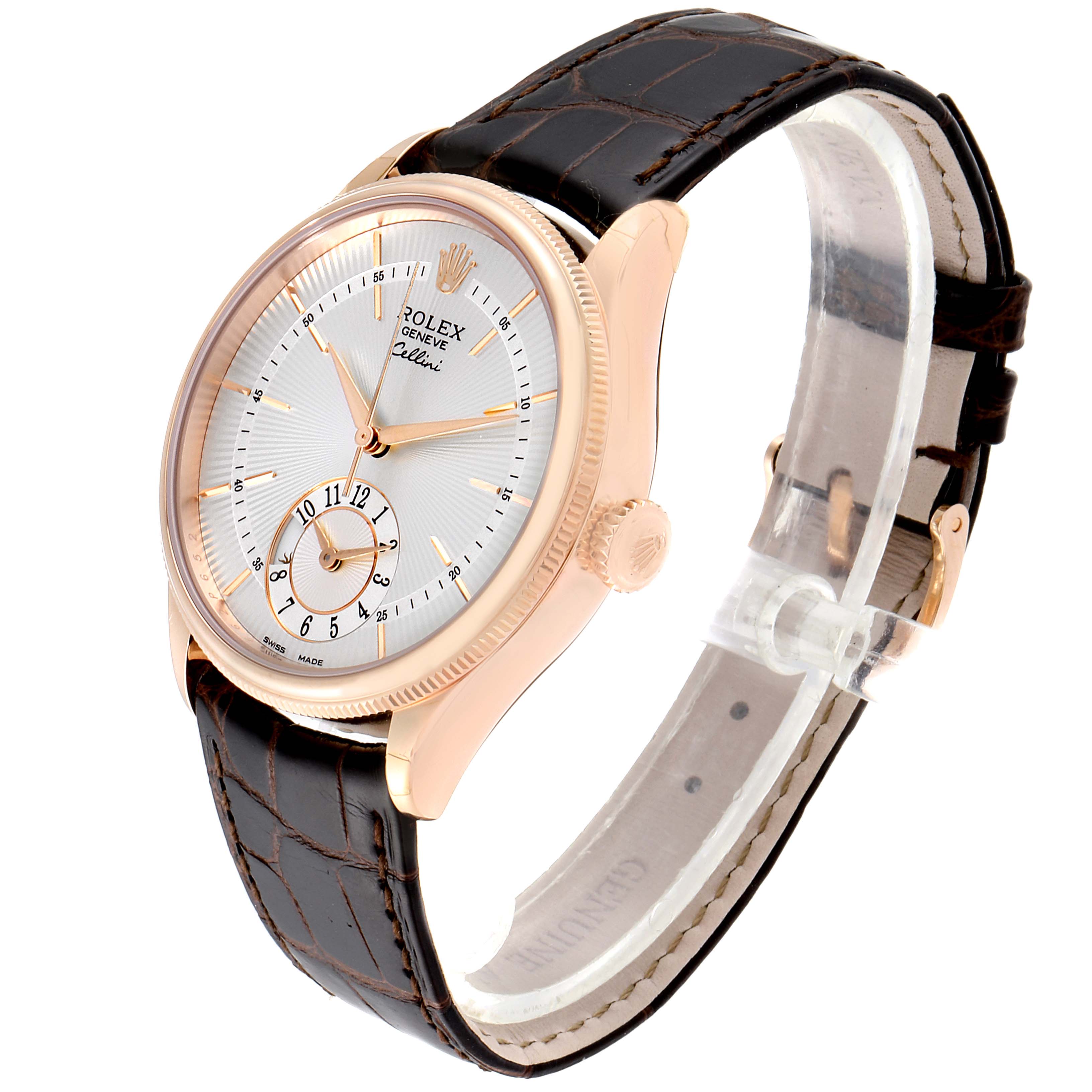 This image shows a side angle of a Rolex Cellini 50525 Men
s Rose Gold Silver Dial 50525 Men
s Rose Gold Silver Dial model, highlighting its dial, crown, and leather strap.