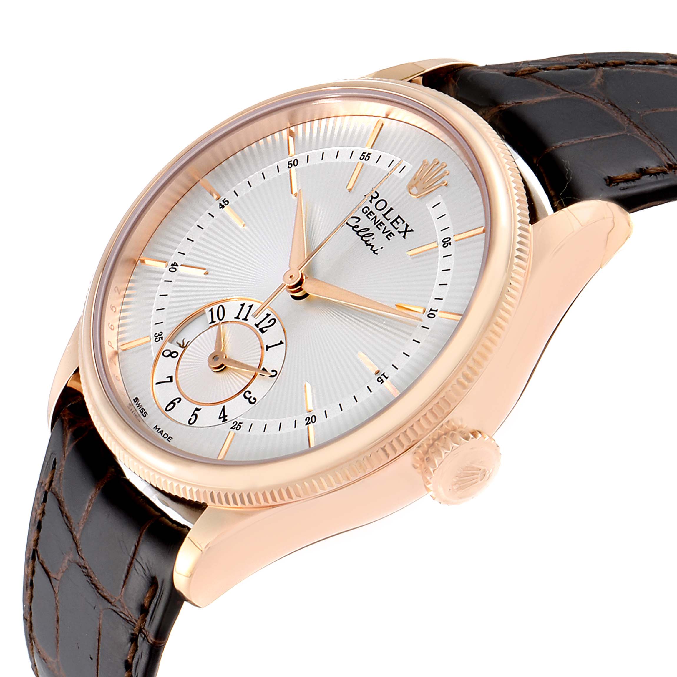 The Rolex Cellini 50525 Men
s Rose Gold Silver Dial 50525 Men
s Rose Gold Silver Dial watch is shown at an angled side view, displaying the dial, crown, casing, and leather strap.