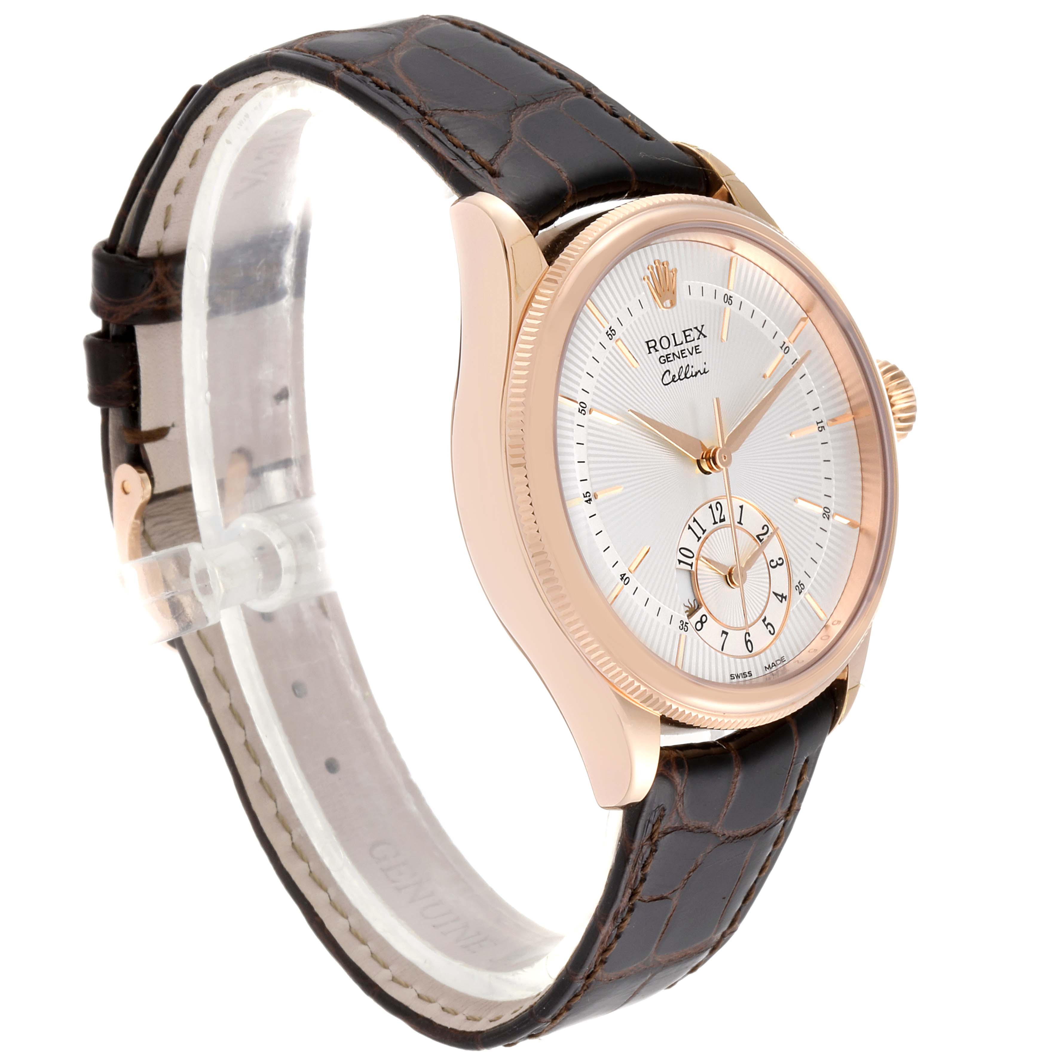 The image shows a Rolex Cellini 50525 Men
s Rose Gold Silver Dial 50525 Men
s Rose Gold Silver Dial watch at an angled side view, highlighting the dial, bezel, and leather strap.