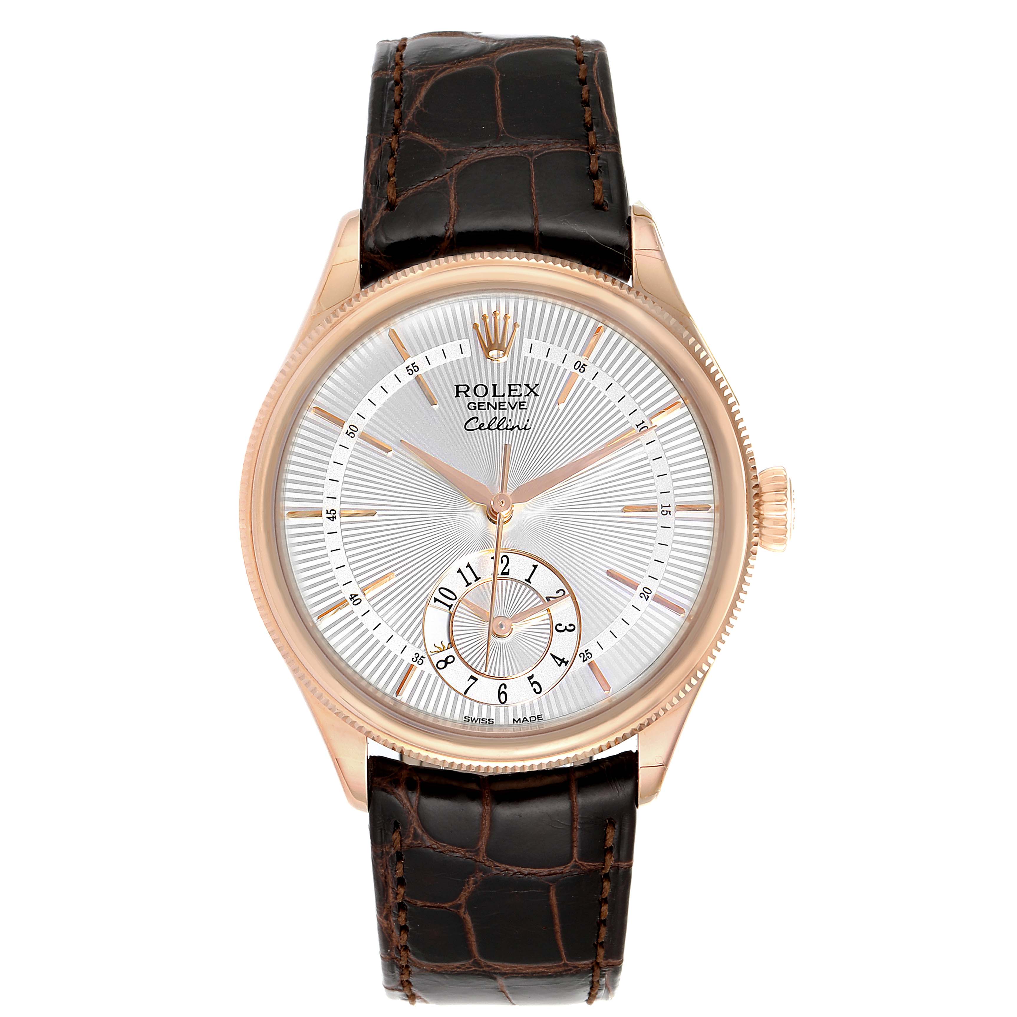 The image shows a front view of a Rolex Cellini 50525 Men
s Rose Gold Silver Dial 50525 Men
s Rose Gold Silver Dial watch, highlighting its dial, hands, crown, and leather strap.