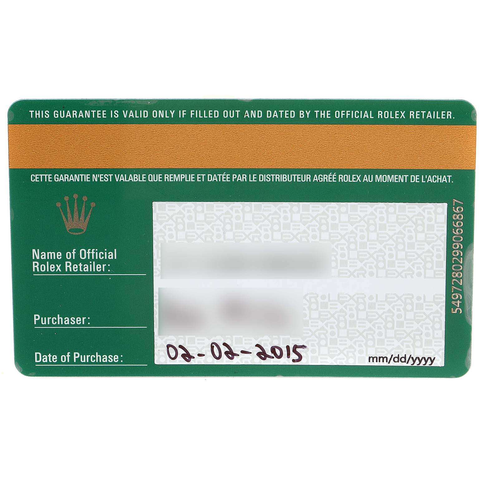 This image shows the guarantee card for a Rolex Cellini 50525 Men
s Rose Gold Silver Dial 50525 Men
s Rose Gold Silver Dial watch.