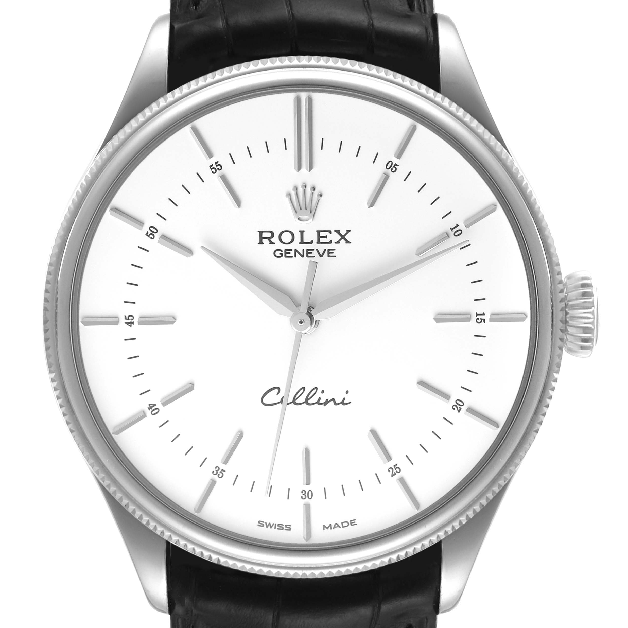 Front view of a Rolex Cellini 50509 Men's White Gold White Dial 50509 Men's White Gold White Dial watch, showcasing the dial, hour markers, hands, bezel, crown, and part of the leather strap.