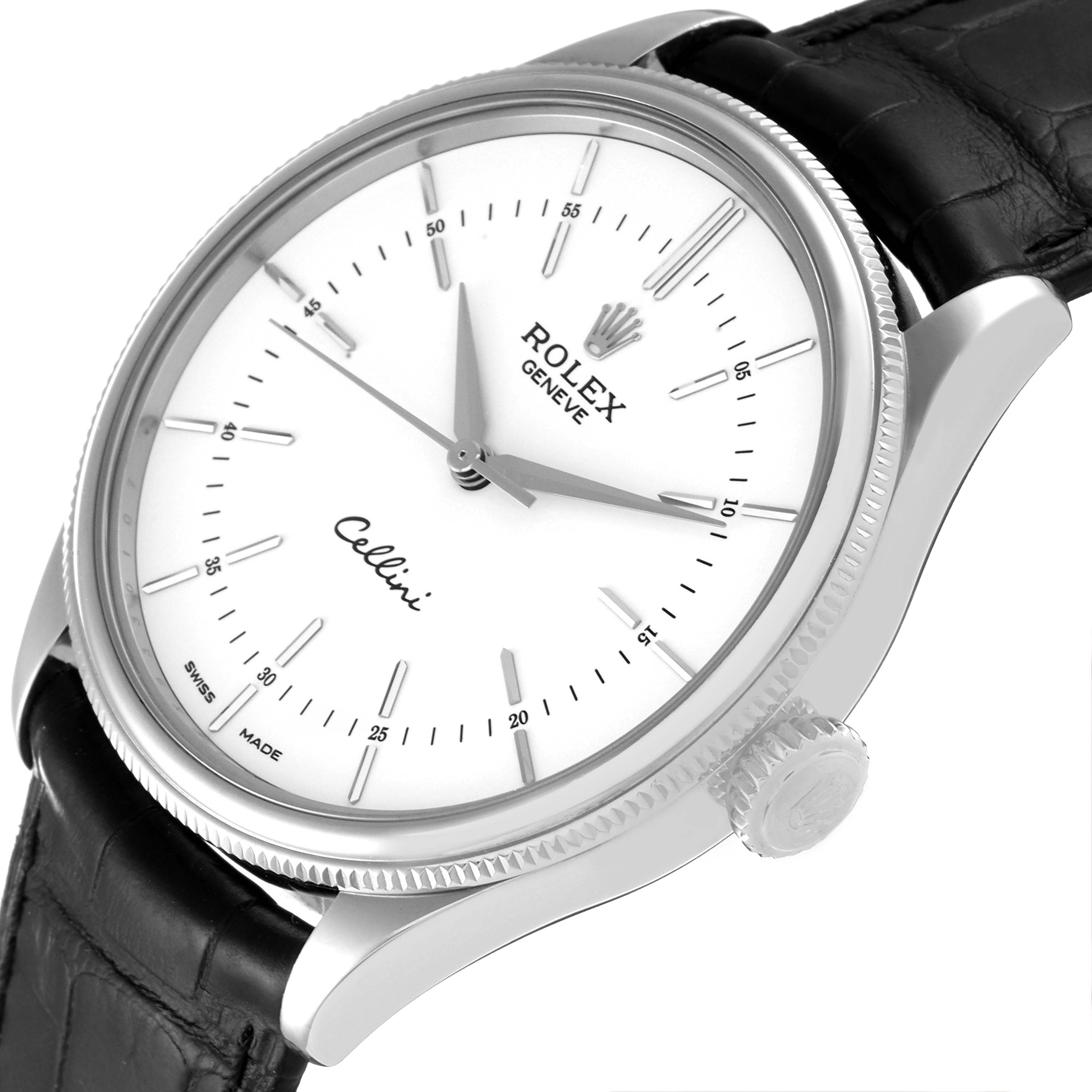 The image shows a close-up angle of the face and side crown of a Rolex Cellini 50509 Men's White Gold White Dial 50509 Men's White Gold White Dial watch, along with part of the black leather strap.
