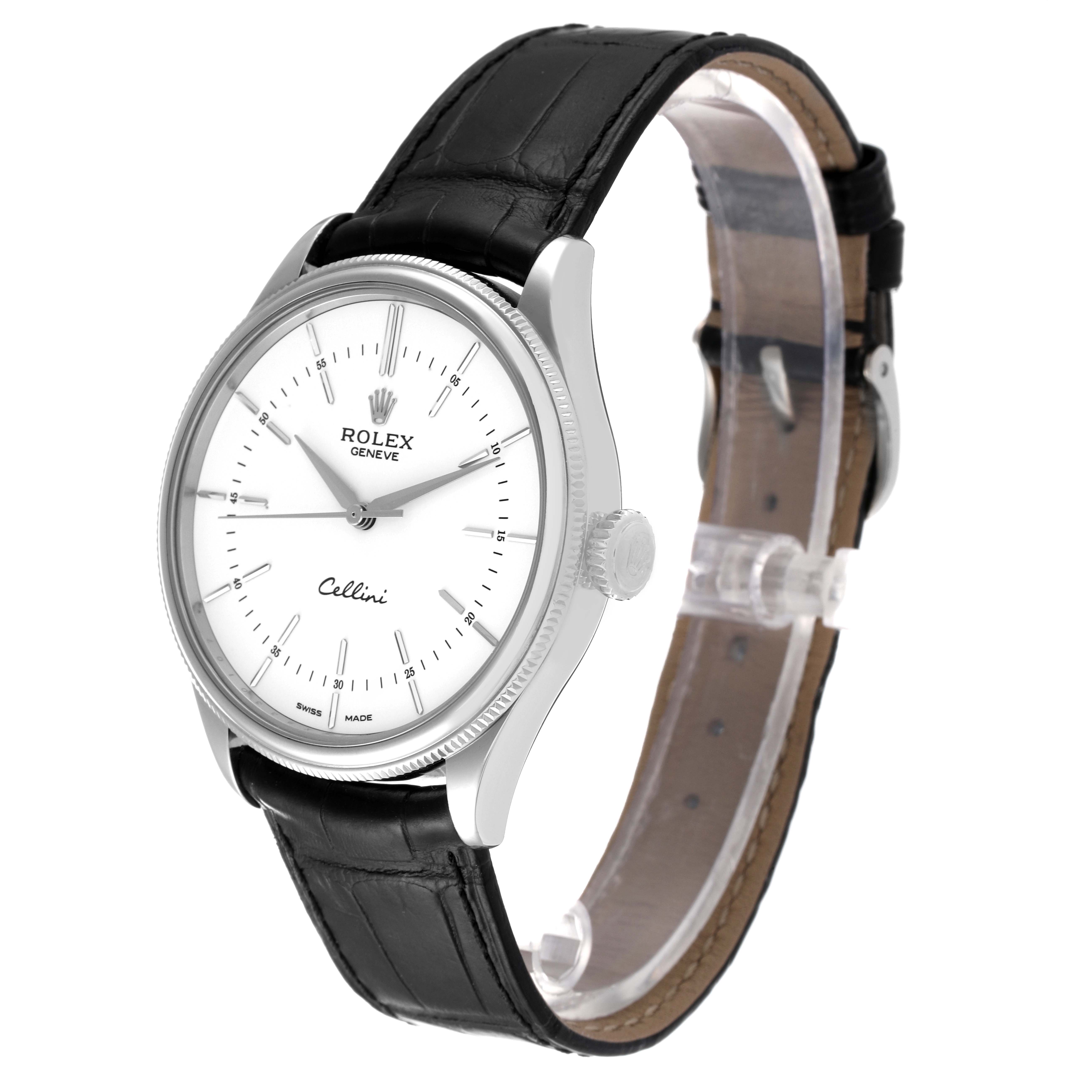 The image shows a Rolex Cellini 50509 Men's White Gold White Dial 50509 Men's White Gold White Dial watch at a three-quarter angle, highlighting the white dial, black leather strap, and side crown.