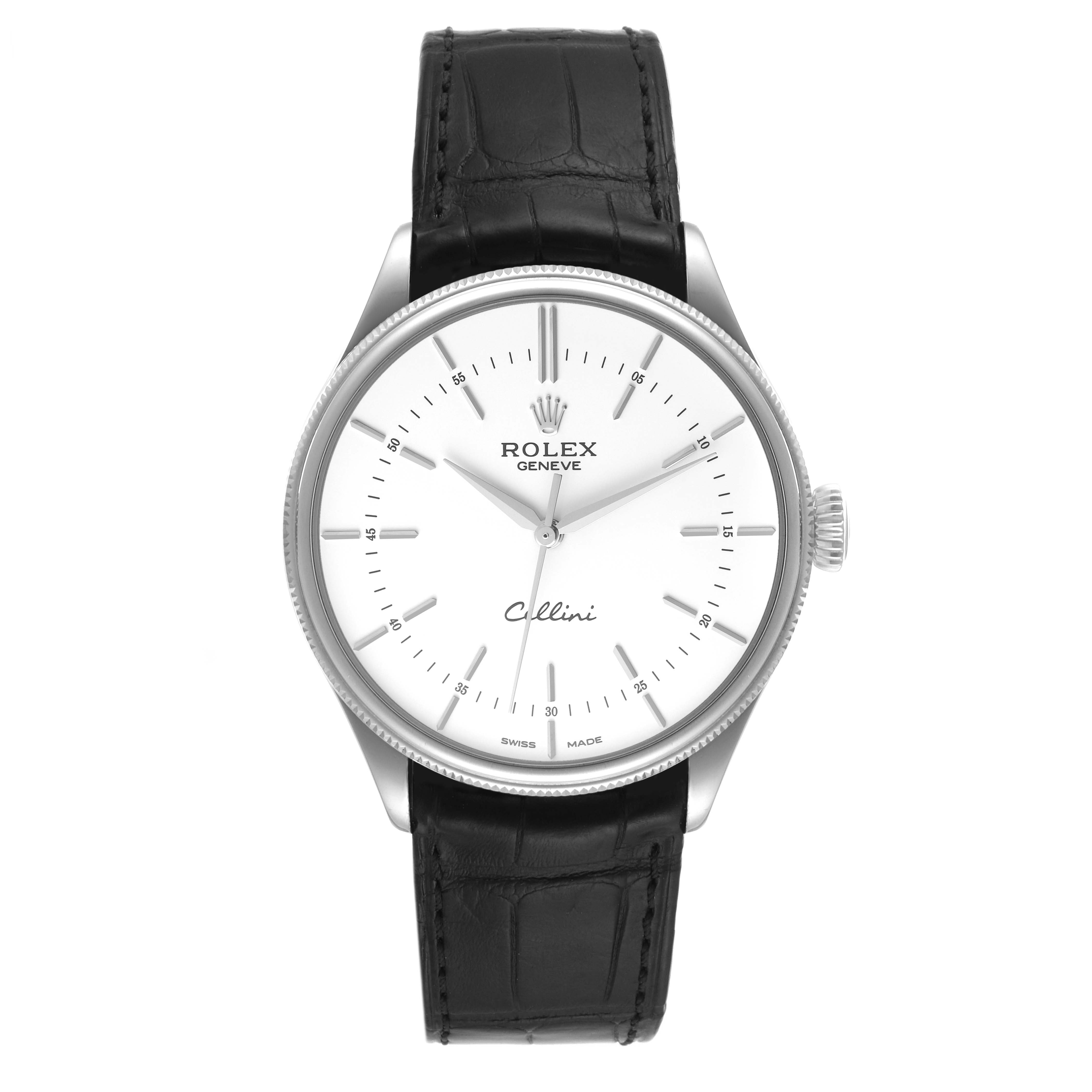 The Rolex Cellini 50509 Men's White Gold White Dial 50509 Men's White Gold White Dial watch is shown from a front angle, displaying the face, dial, markers, case, and black leather strap.