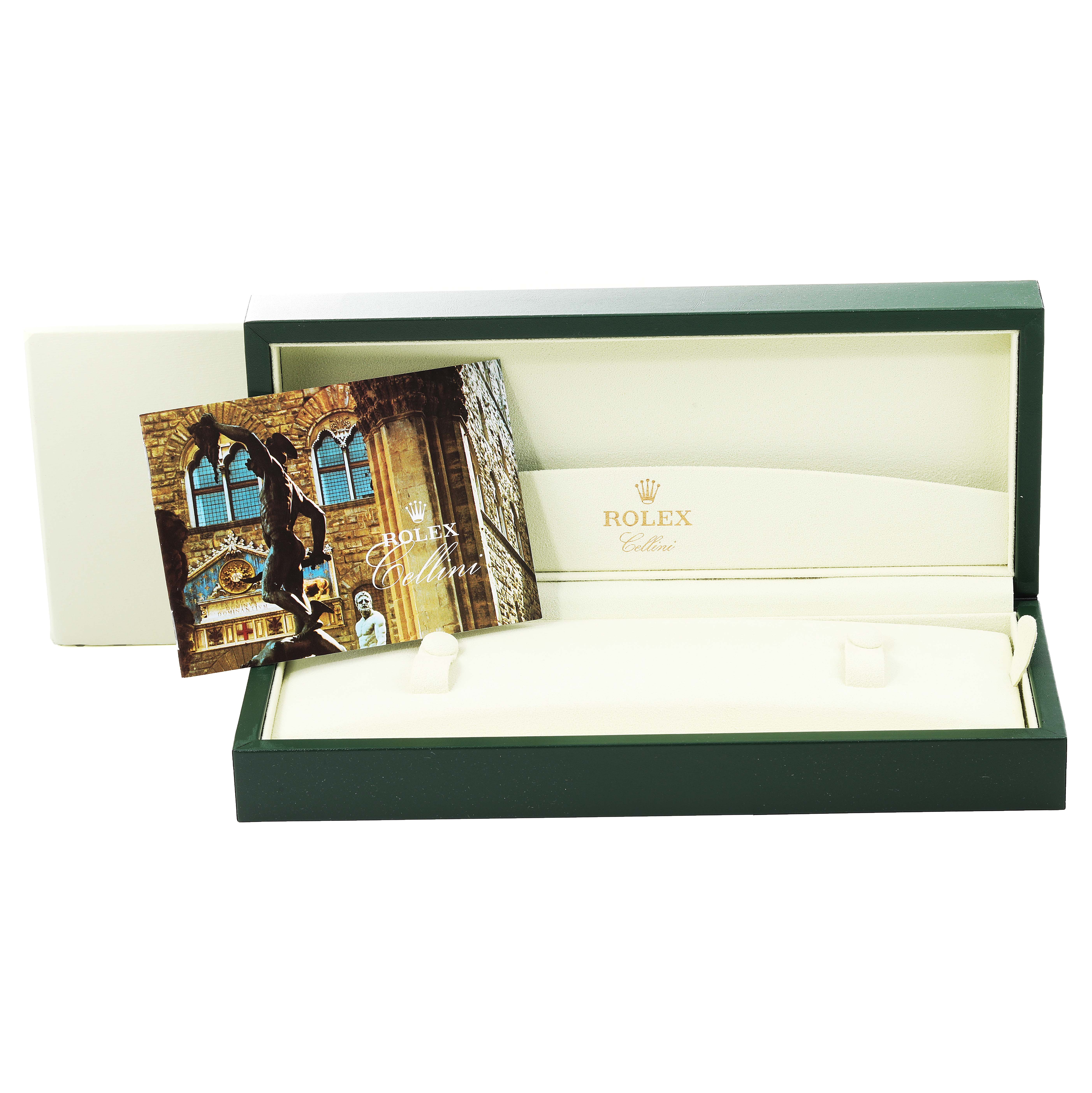 This image shows the opened green and cream box of a Rolex Cellini 50509 Men's White Gold White Dial 50509 Men's White Gold White Dial watch, along with its booklet.