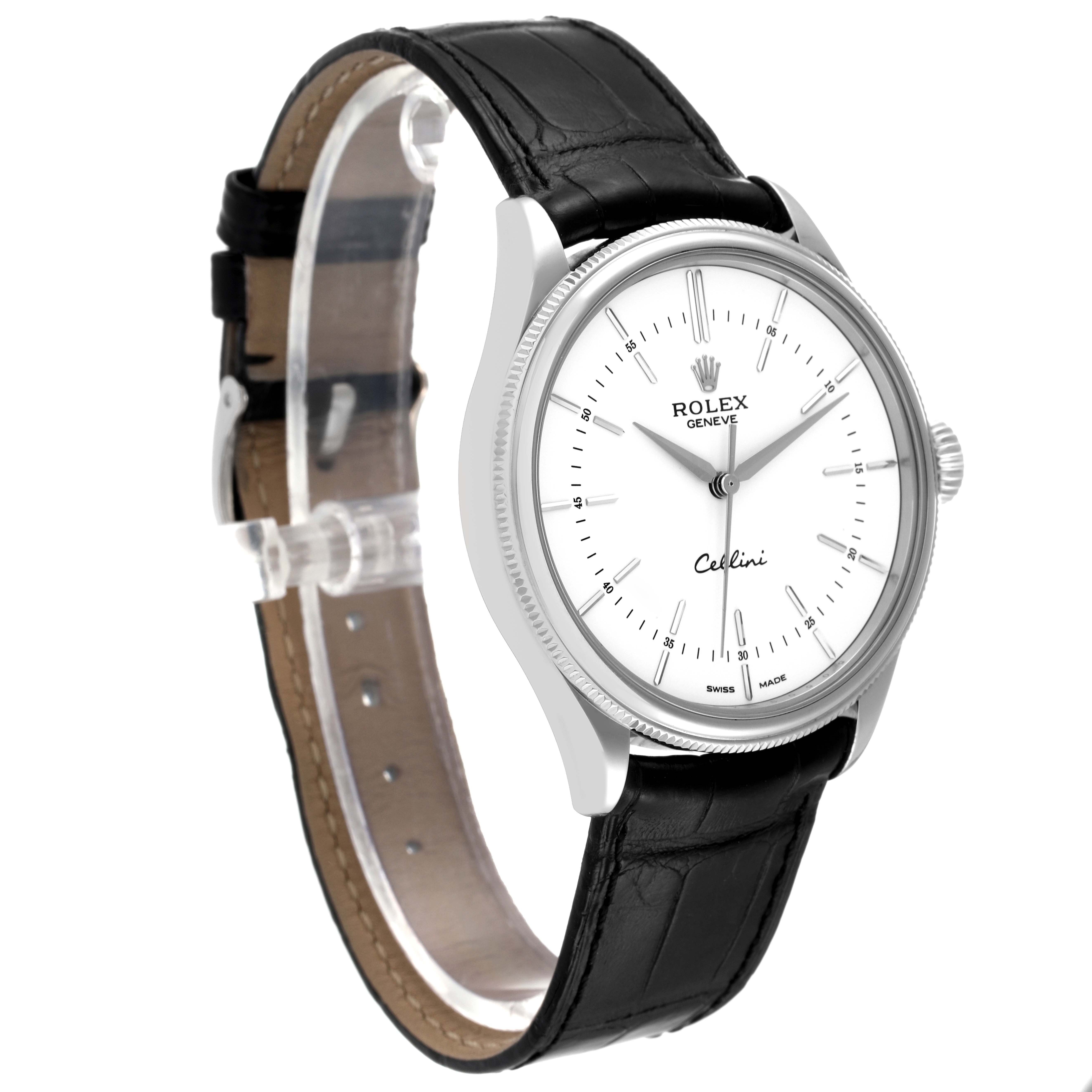 The image shows a side and front angle of the Rolex Cellini 50509 Men's White Gold White Dial 50509 Men's White Gold White Dial watch, highlighting its dial, bezel, and black leather strap.