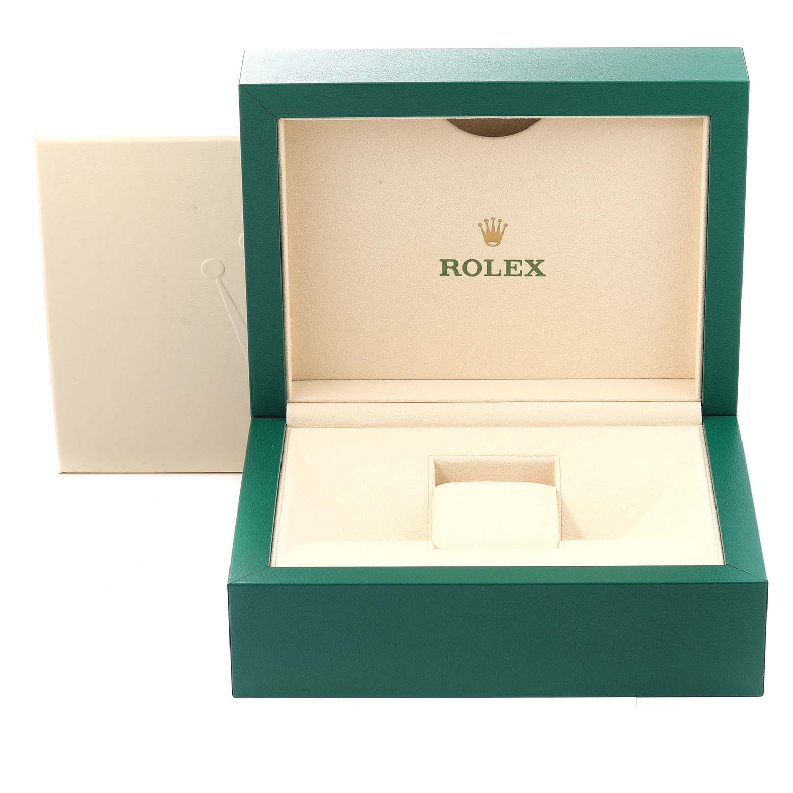 This image features the open box for a Rolex Daytona 116509 Men
s White Gold Black Dial 116509 Men
s White Gold Black Dial watch, showing the brand
s logo and signature green and beige interior.