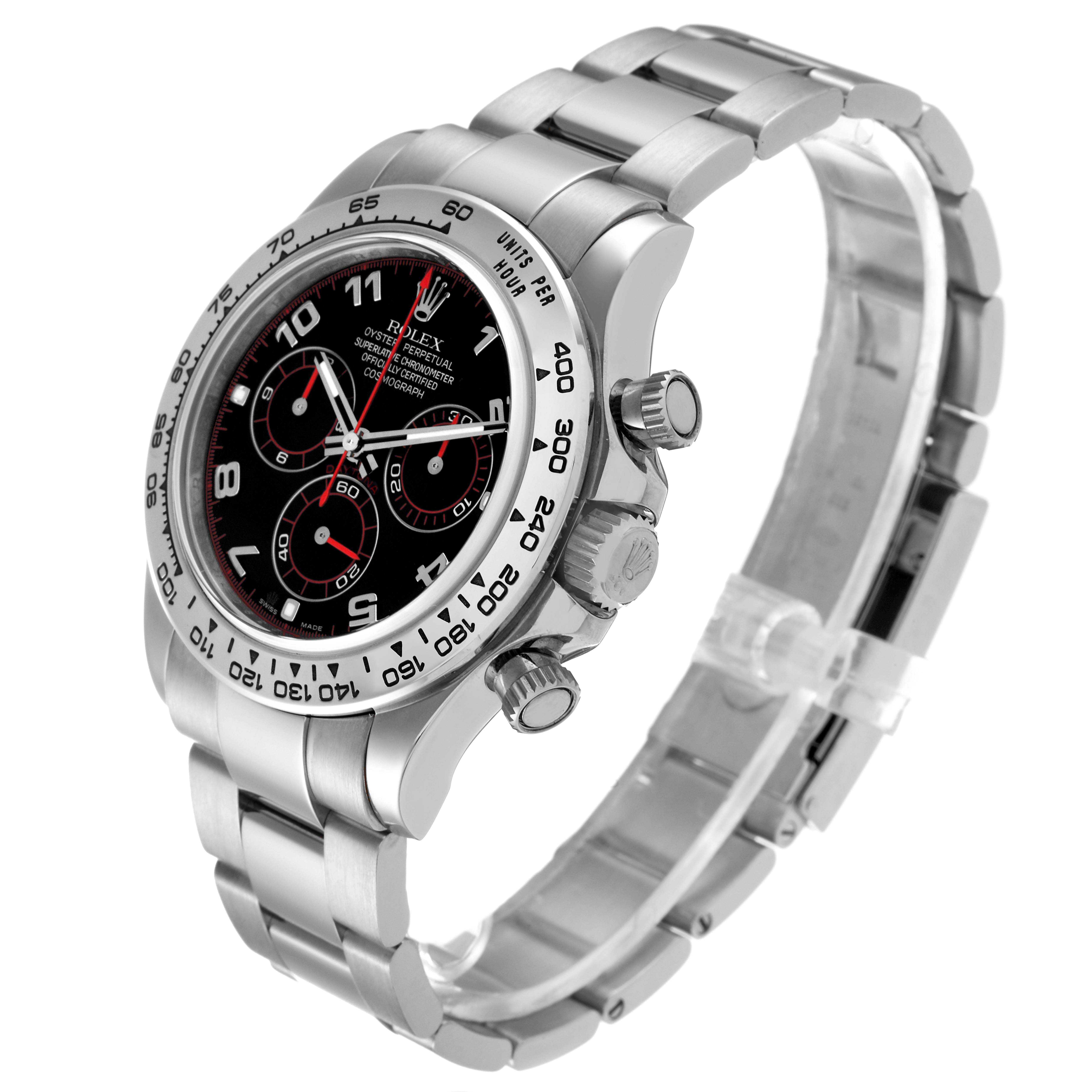 The image shows a Rolex Daytona 116509 Men
s White Gold Black Dial 116509 Men
s White Gold Black Dial watch viewed at a three-quarter angle, displaying the dial, bezel, and bracelet.