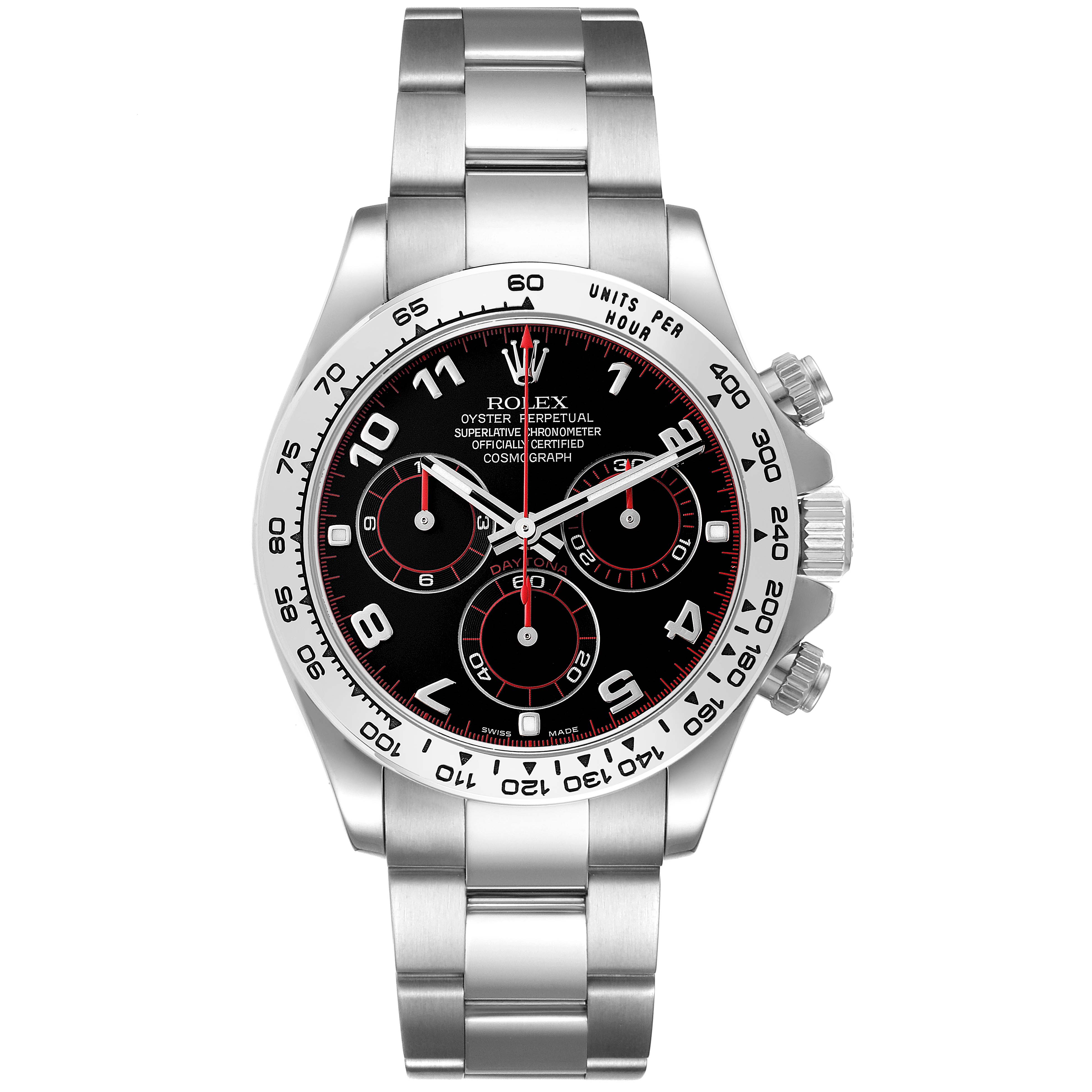 The image shows a front view of the Rolex Daytona 116509 Men
s White Gold Black Dial 116509 Men
s White Gold Black Dial watch, featuring the dial, bezel, and bracelet.
