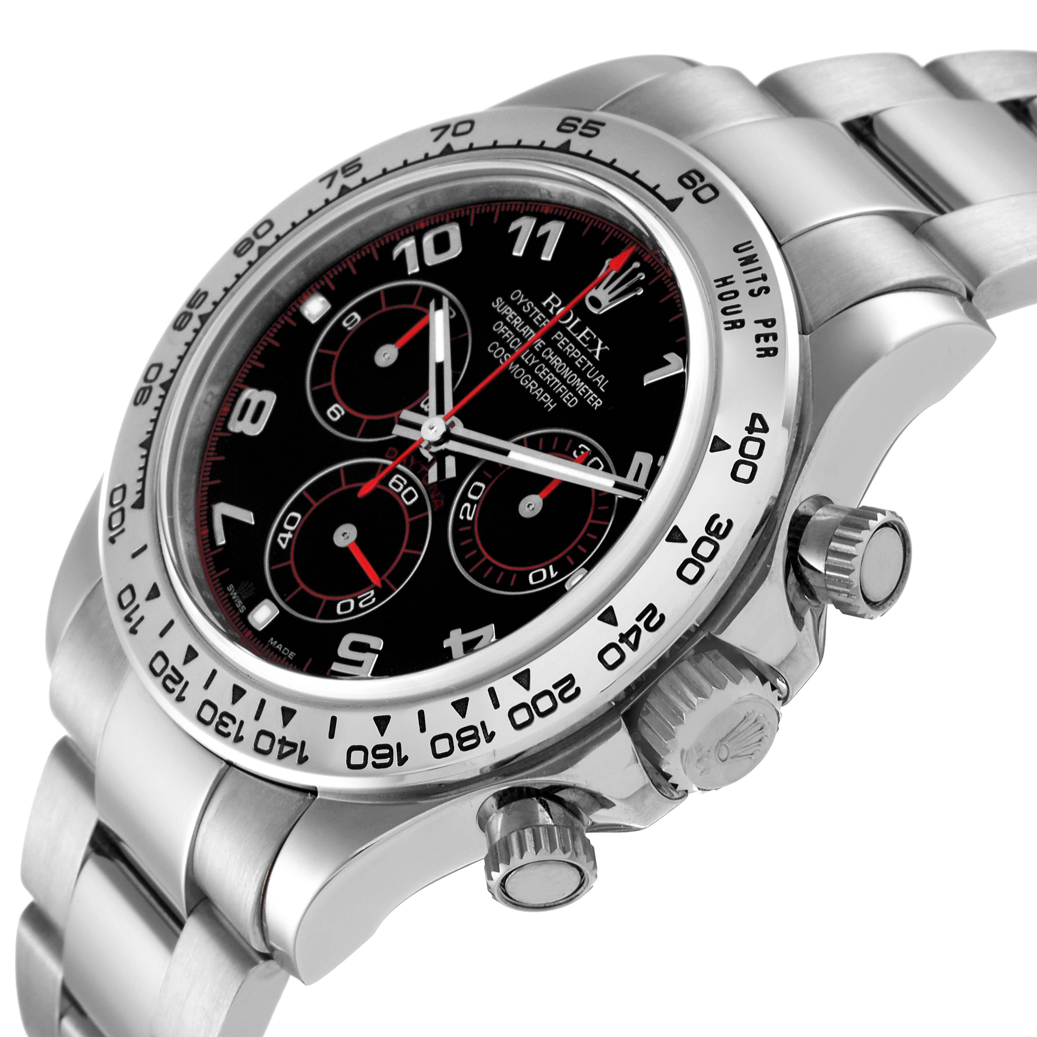 This image shows a close-up angle of the Rolex Daytona 116509 Men
s White Gold Black Dial 116509 Men
s White Gold Black Dial watch, highlighting the dial, bezel, and metal strap.