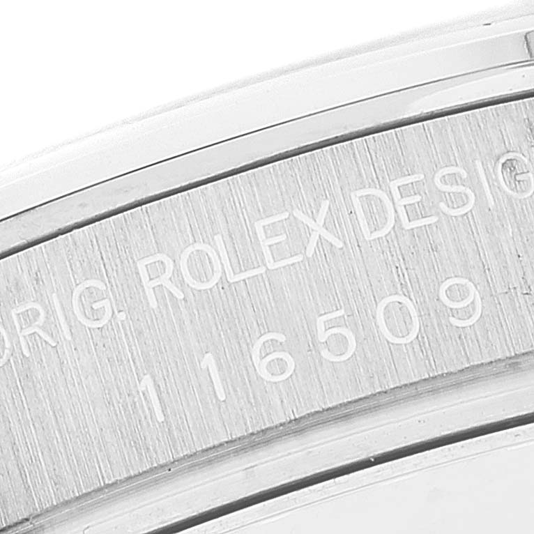This image shows a close-up of the case back engraving on a Rolex Daytona 116509 Men
s White Gold Black Dial 116509 Men
s White Gold Black Dial watch model.