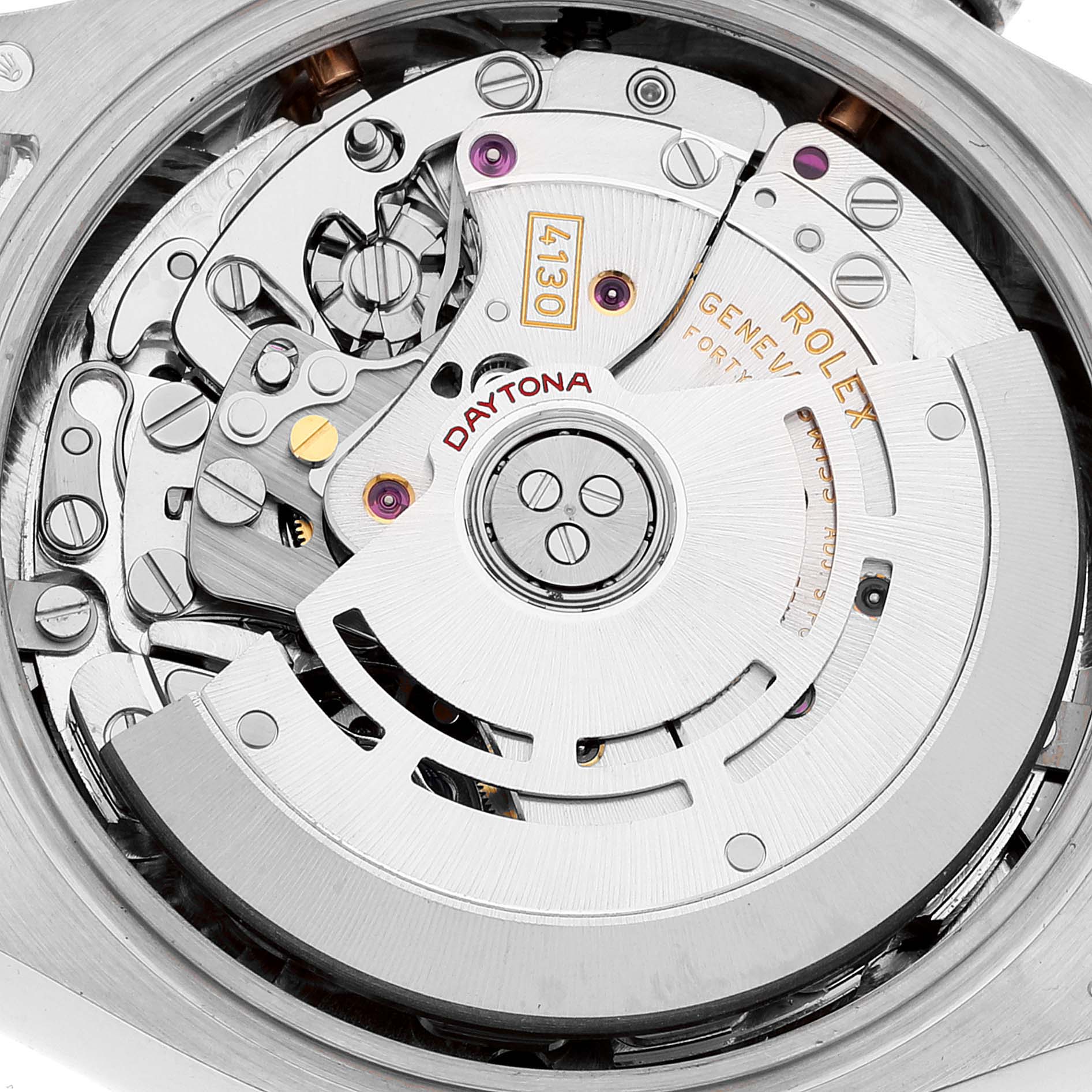 This is an image of the inner mechanism of a Rolex Daytona 116509 Men
s White Gold Black Dial 116509 Men
s White Gold Black Dial watch, showing its intricate components and movement.