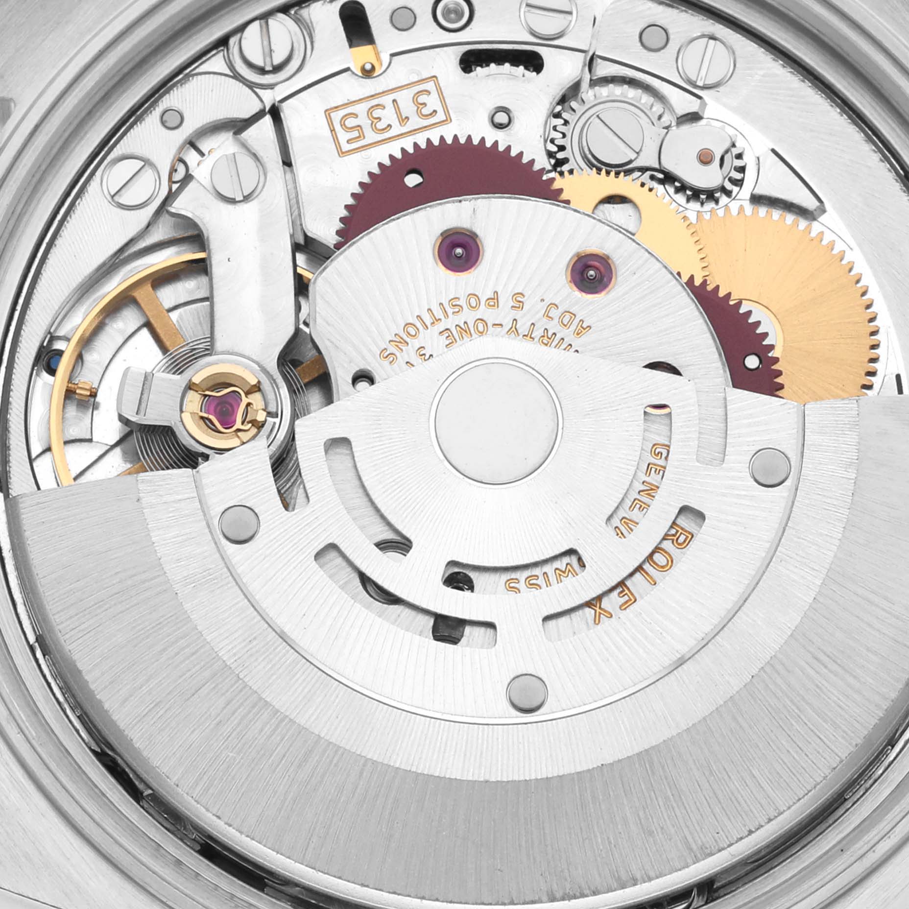 The image shows the movement mechanism from the back of a Rolex Date 15223 Men's Steel and Gold (two tone) Champagne Dial 15223 Men's Steel and Gold (two tone) Champagne Dial model watch, highlighting gears and the rotor.