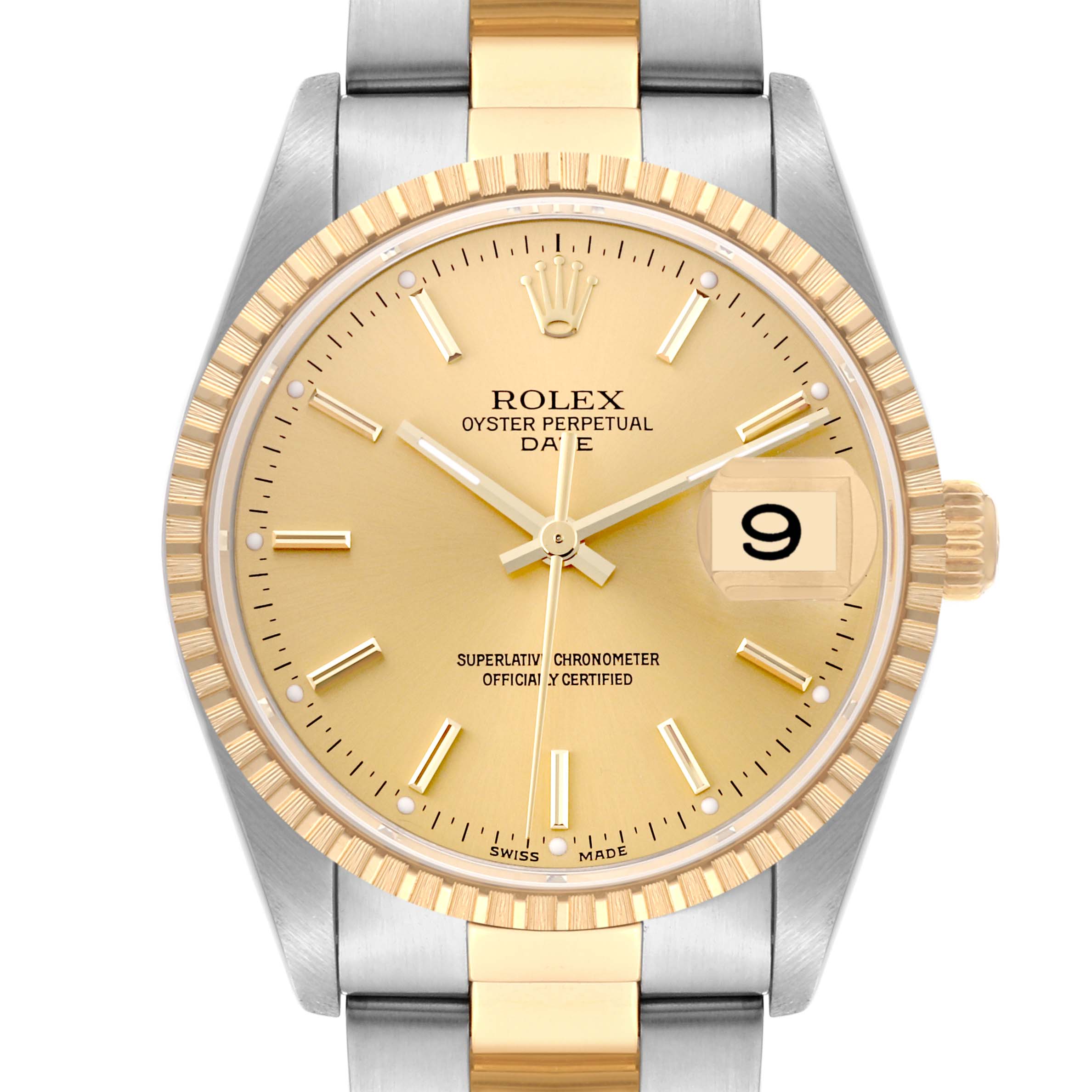 The Rolex Date 15223 Men's Steel and Gold (two tone) Champagne Dial 15223 Men's Steel and Gold (two tone) Champagne Dial model is shown from the front, displaying the dial, bezel, crown, and part of the bracelet.