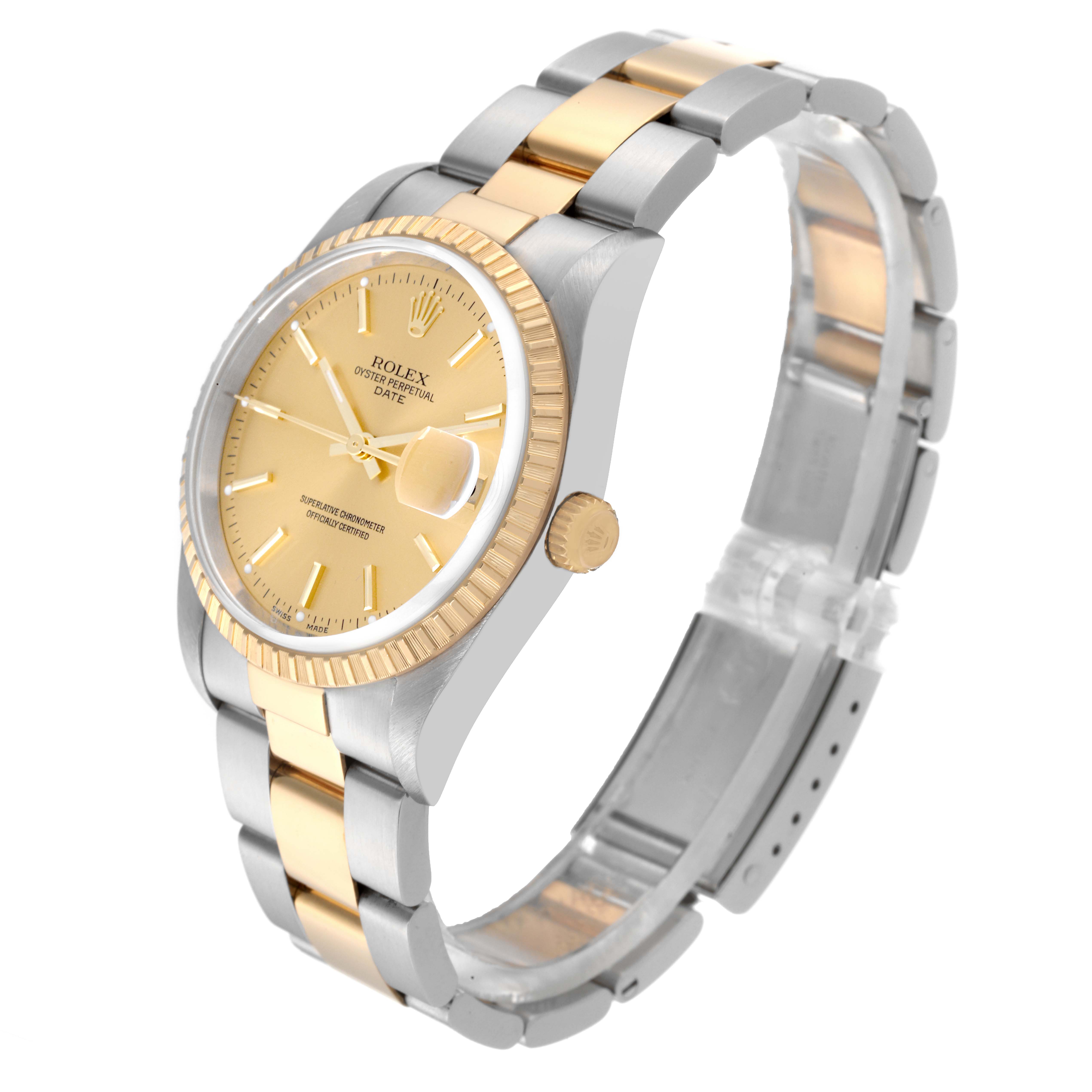 The Rolex Date 15223 Men's Steel and Gold (two tone) Champagne Dial 15223 Men's Steel and Gold (two tone) Champagne Dial watch is shown at a three-quarter angle, highlighting the dial, bezel, crown, and bracelet.