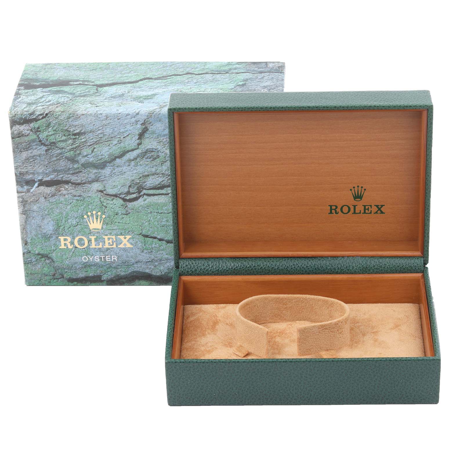 The image shows an open Rolex Date 15223 Men's Steel and Gold (two tone) Champagne Dial 15223 Men's Steel and Gold (two tone) Champagne Dial model watch box with an insert inside and a branded outer box.