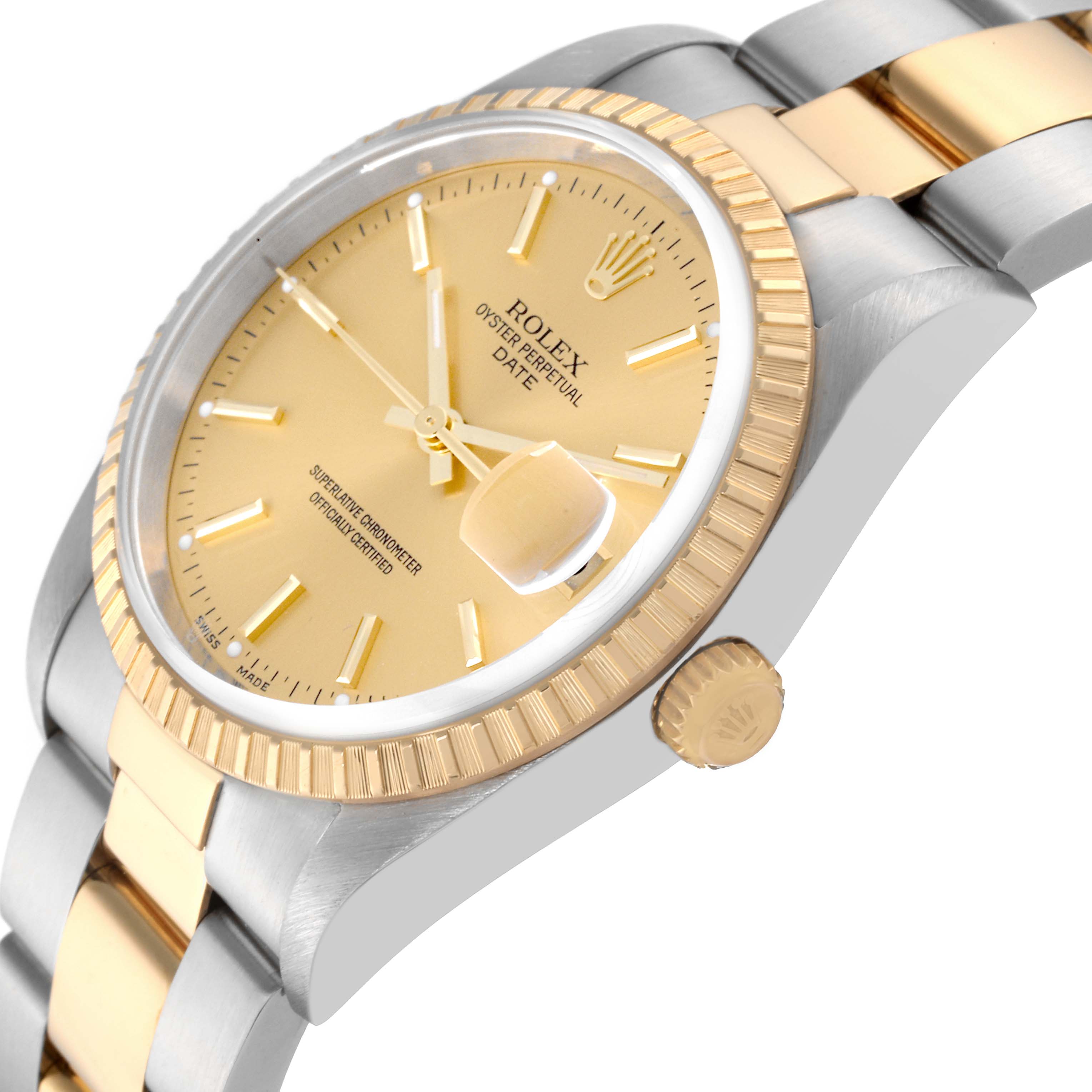 The image shows the Rolex Date 15223 Men's Steel and Gold (two tone) Champagne Dial 15223 Men's Steel and Gold (two tone) Champagne Dial model from a side angle, highlighting the dial, bezel, crown, and bracelet.