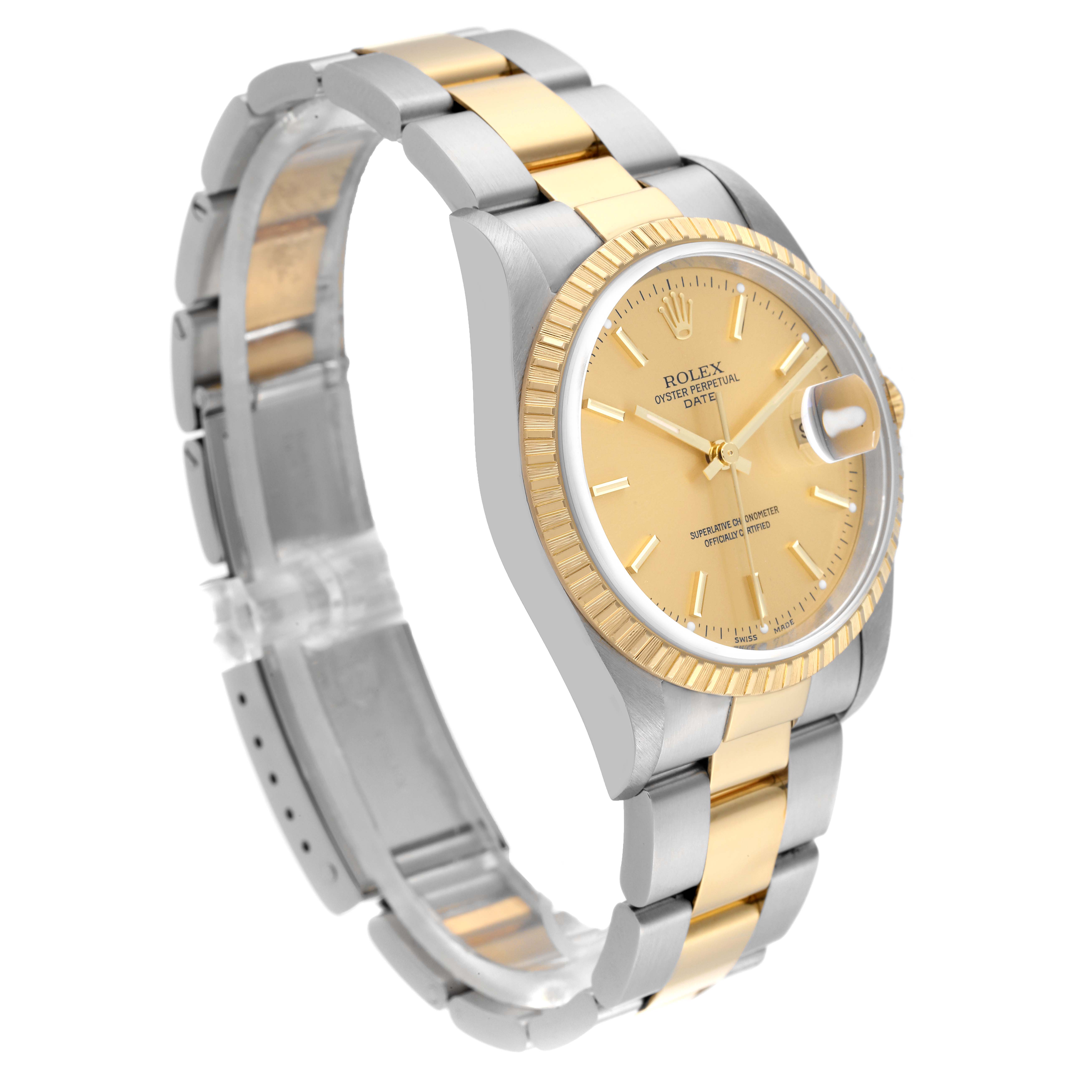 The Rolex Date 15223 Men's Steel and Gold (two tone) Champagne Dial 15223 Men's Steel and Gold (two tone) Champagne Dial model is shown at a slight angle, highlighting the gold face, bezel, case, and two-tone bracelet.
