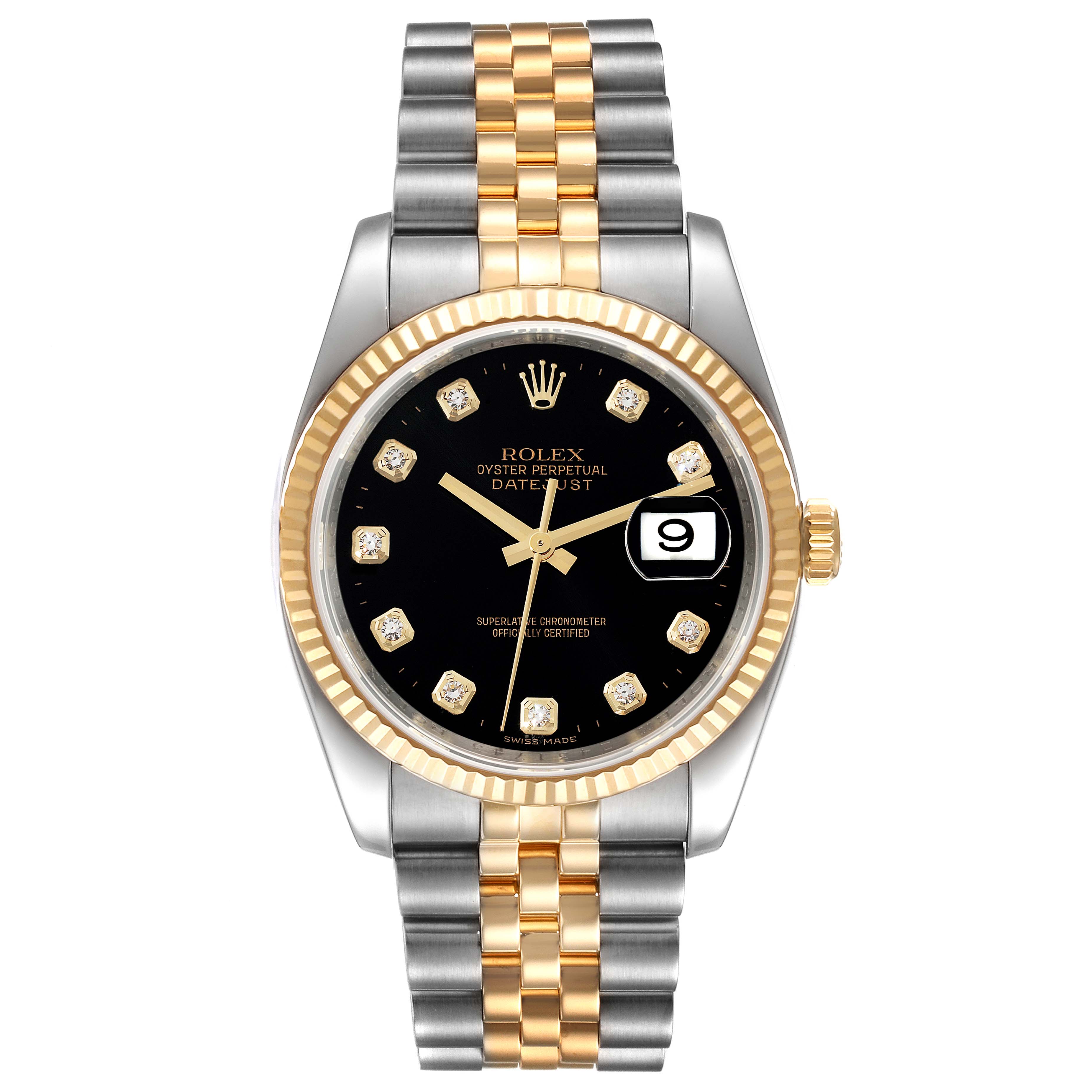 The image shows a Rolex Datejust 116233 Men's Steel and Gold (two tone) Black Dial 116233 Men's Steel and Gold (two tone) Black Dial watch, featuring a black dial, diamond hour markers, and a two-tone metal bracelet, viewed from the front.