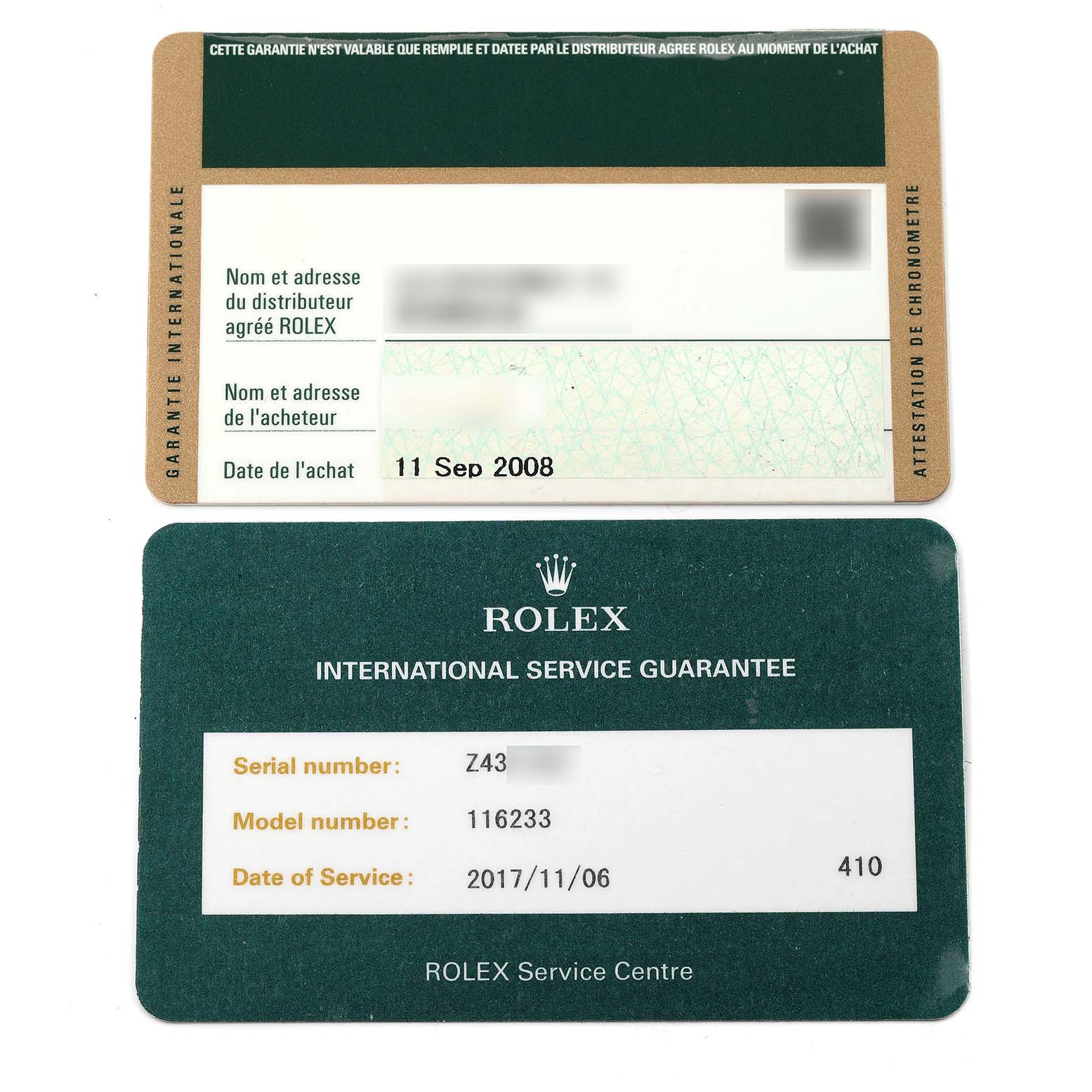 The image shows warranty and service guarantee cards for a Rolex Datejust 116233 Men's Steel and Gold (two tone) Black Dial 116233 Men's Steel and Gold (two tone) Black Dial model watch.