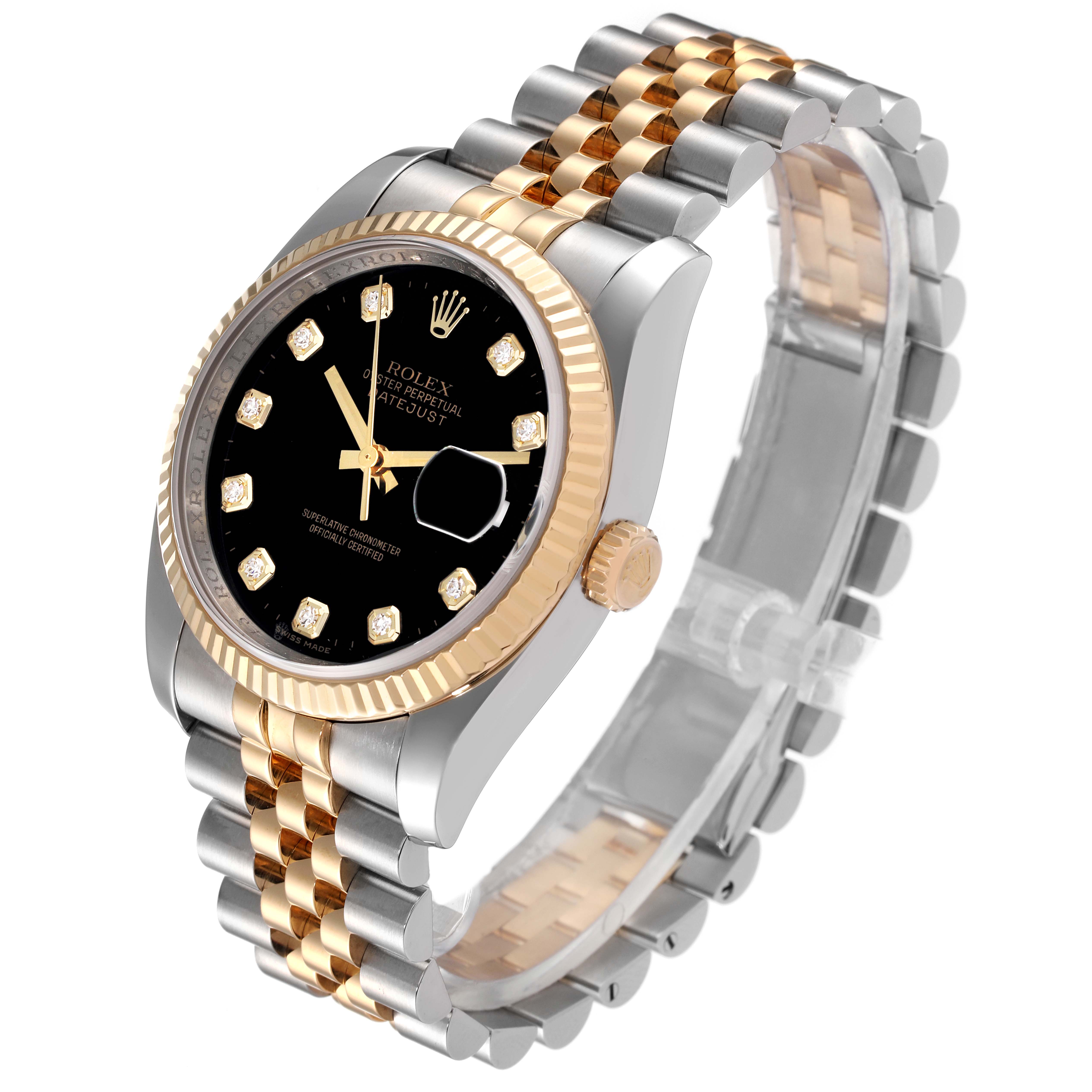 This image shows the Rolex Datejust 116233 Men's Steel and Gold (two tone) Black Dial 116233 Men's Steel and Gold (two tone) Black Dial watch at a three-quarter angle, showcasing its bezel, dial, and bi-color bracelet.