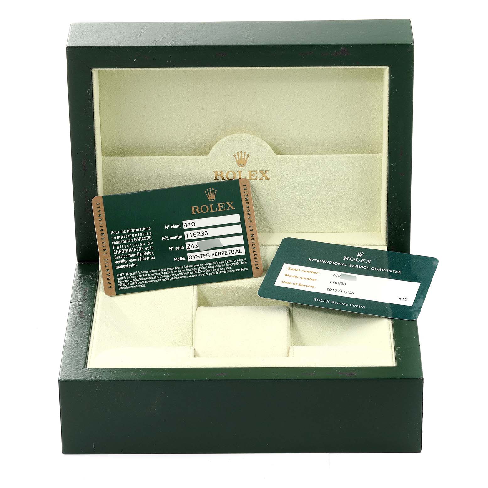 The image shows the open box of a Rolex Datejust 116233 Men's Steel and Gold (two tone) Black Dial 116233 Men's Steel and Gold (two tone) Black Dial watch, with warranty and service guarantee cards.