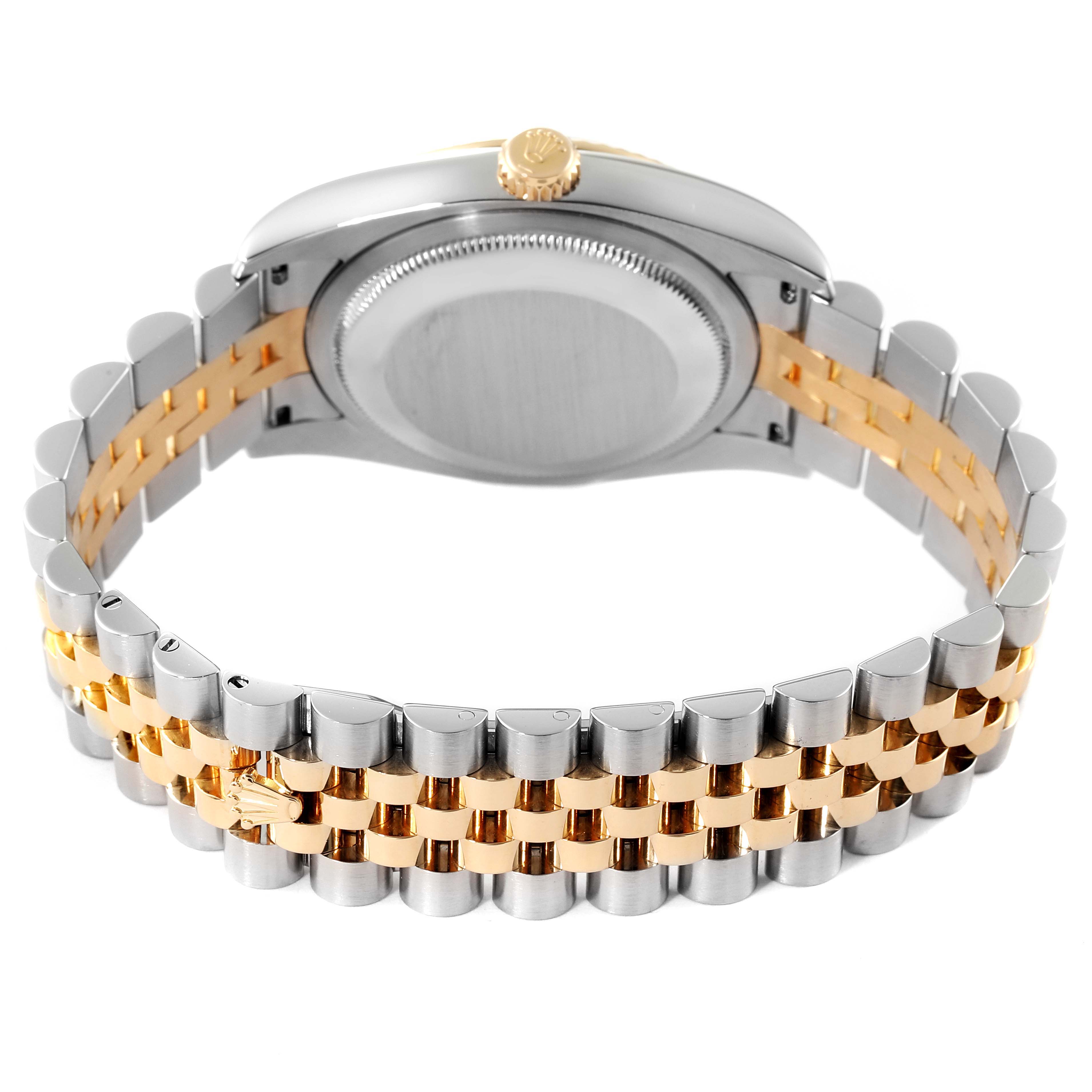 The image shows the back view of the Rolex Datejust 116233 Men's Steel and Gold (two tone) Black Dial 116233 Men's Steel and Gold (two tone) Black Dial, focusing on the case back and the two-tone bracelet.