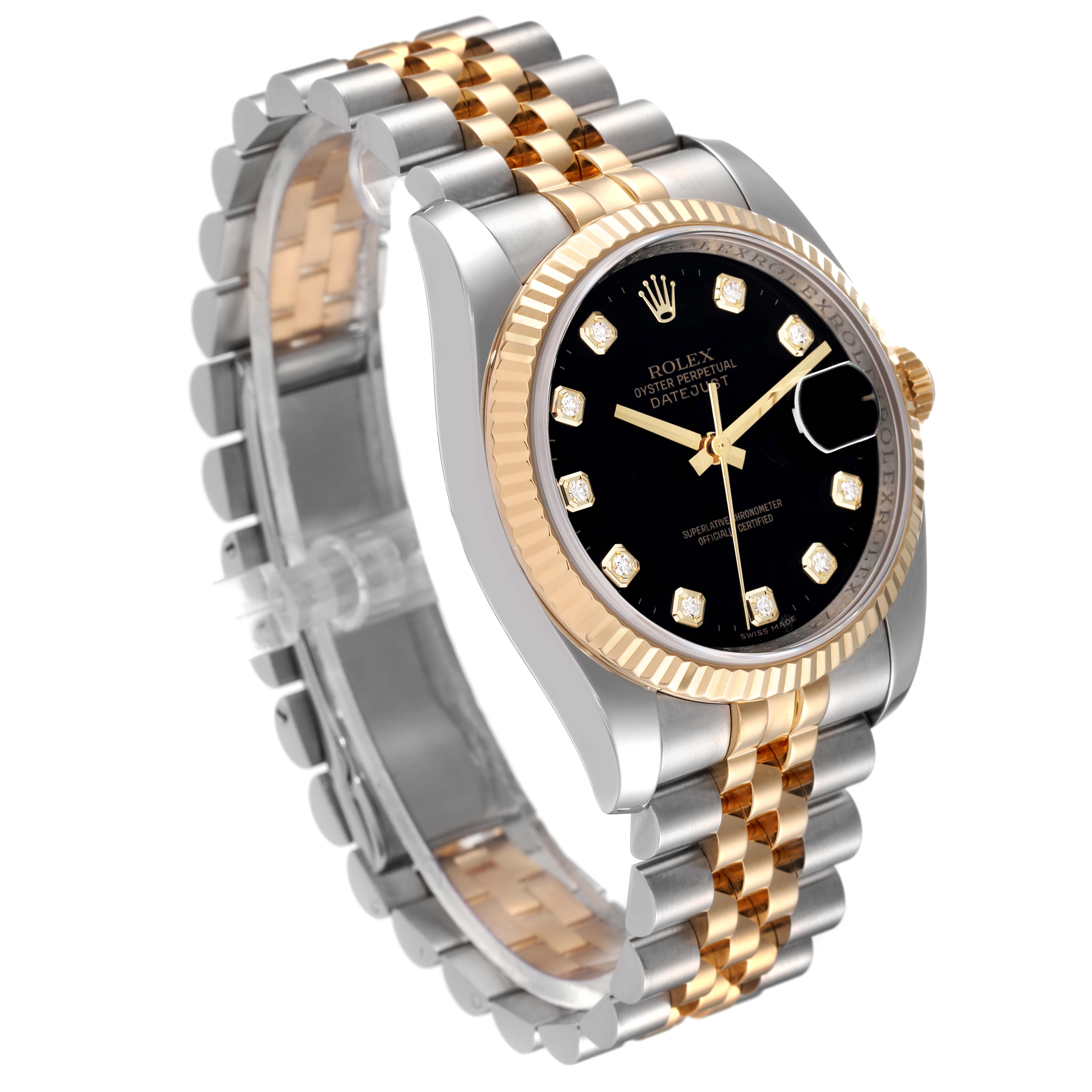 This image shows a Rolex Datejust 116233 Men's Steel and Gold (two tone) Black Dial 116233 Men's Steel and Gold (two tone) Black Dial watch at an angle displaying its black dial, diamond hour markers, two-tone bracelet, and fluted bezel.
