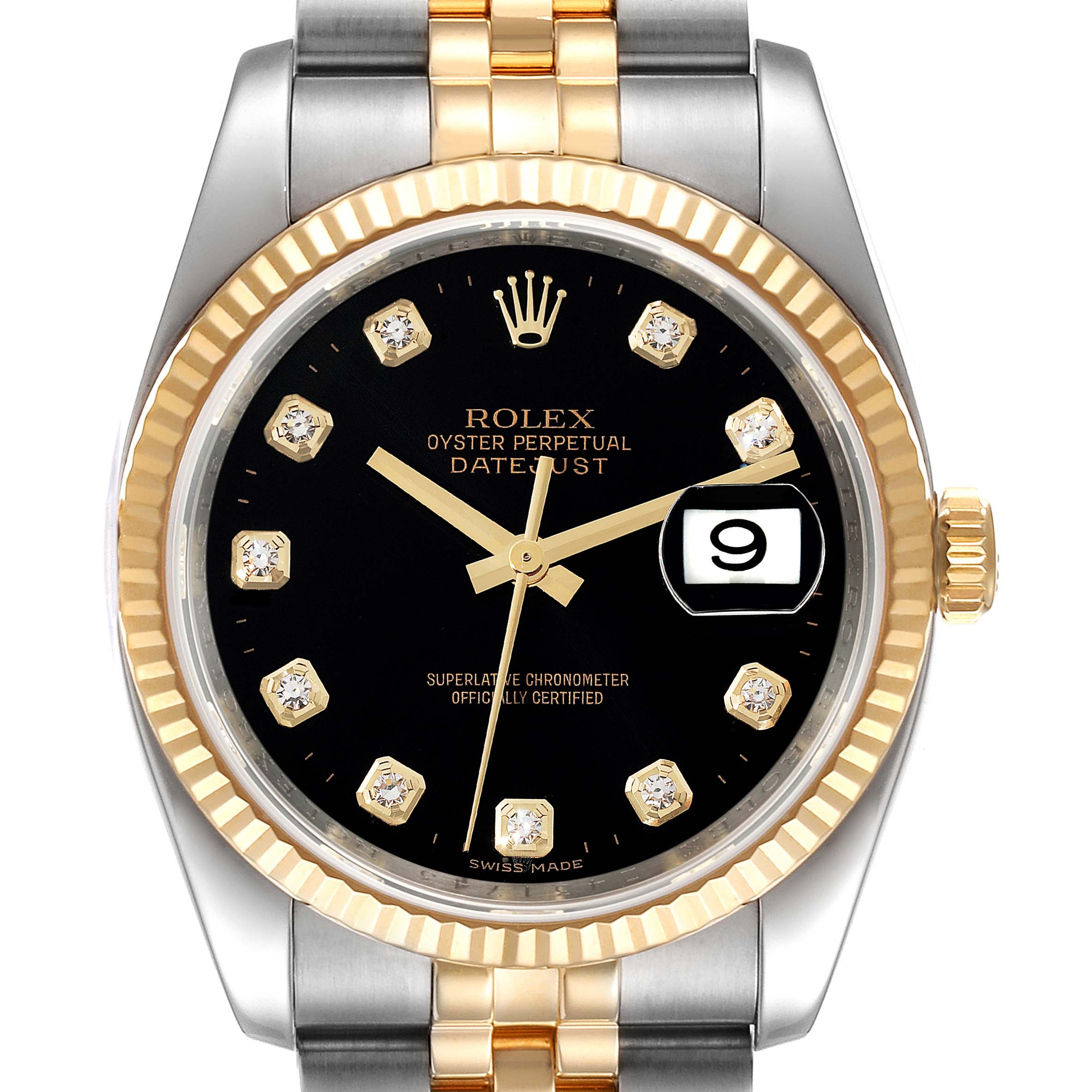 The Rolex Datejust 116233 Men's Steel and Gold (two tone) Black Dial 116233 Men's Steel and Gold (two tone) Black Dial watch is shown from the front, displaying its black dial, gold markers, fluted bezel, and jubilee bracelet.