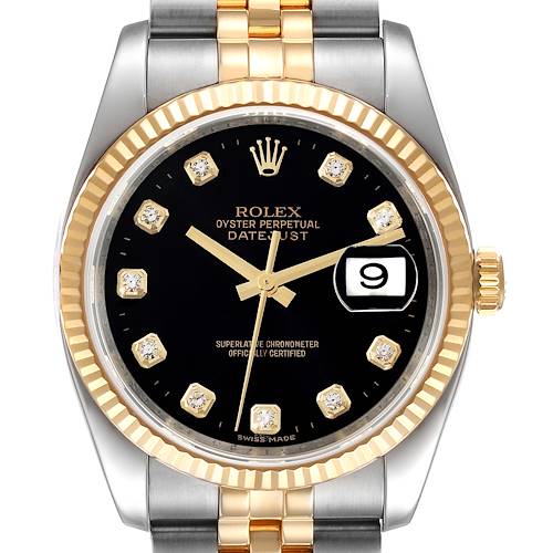 Photo of Rolex Datejust 18k Steel Yellow Gold Black Diamond Mens Watch 116233 Box Card