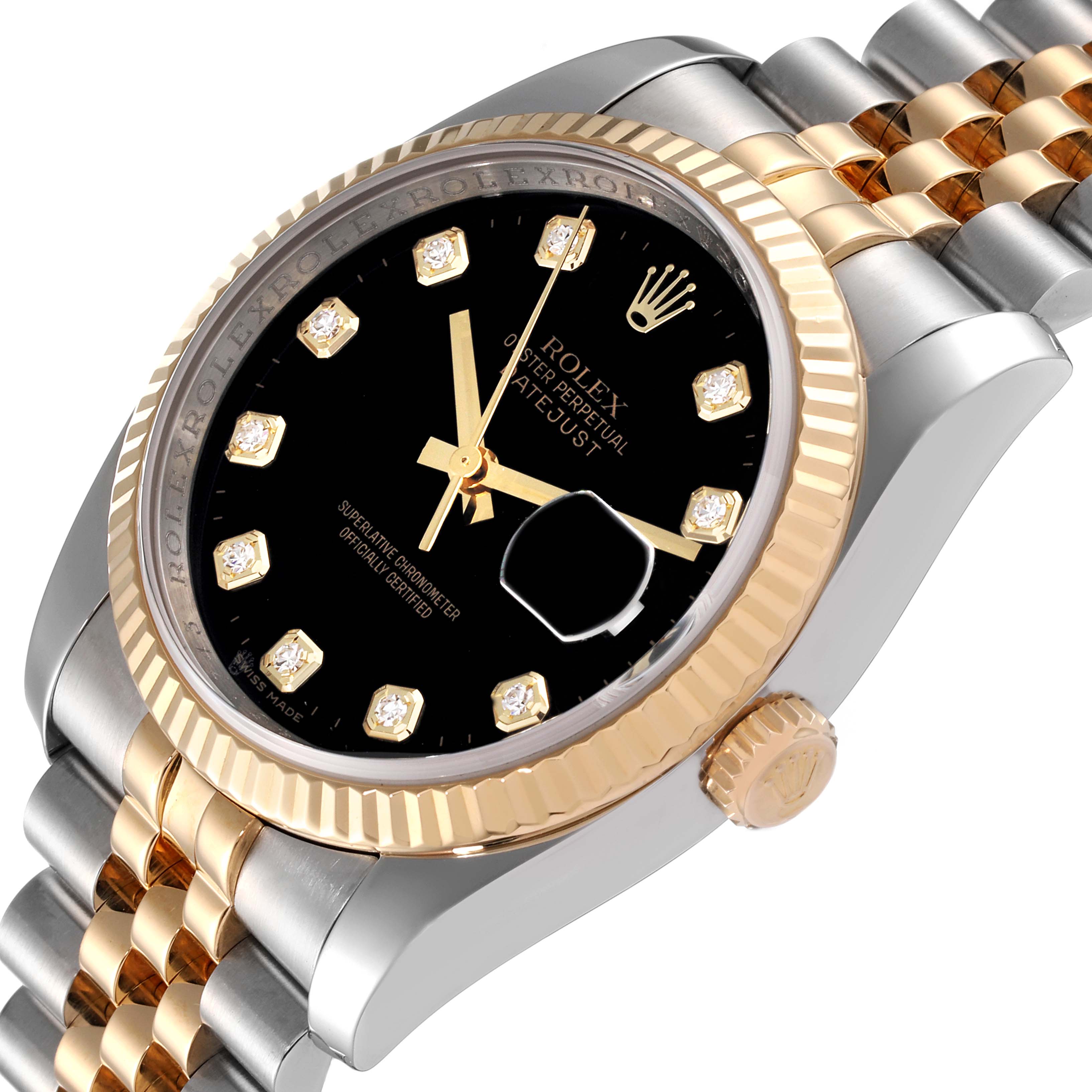 The Rolex Datejust 116233 Men's Steel and Gold (two tone) Black Dial 116233 Men's Steel and Gold (two tone) Black Dial watch is shown at an angle, highlighting its dial, bezel, crown, and part of the two-tone bracelet.