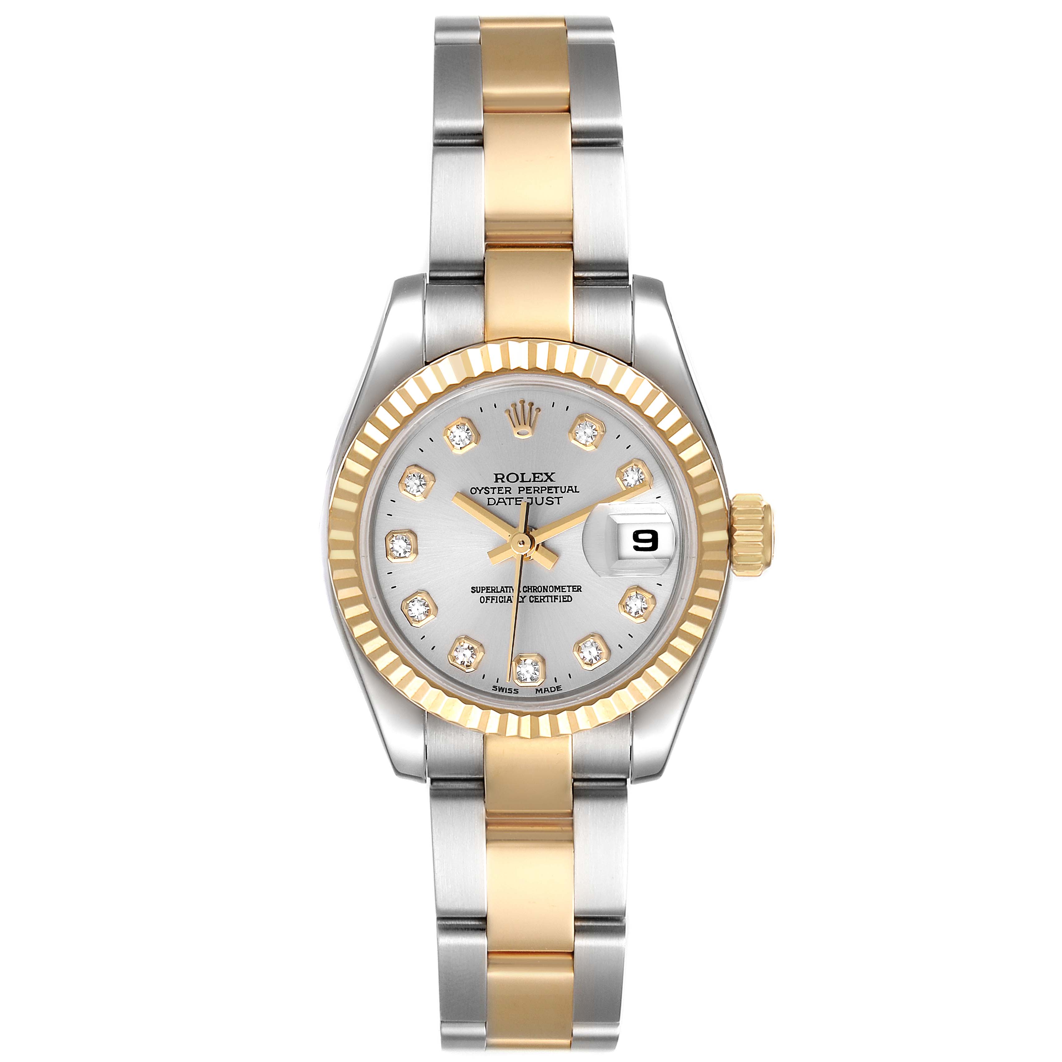 This image shows a frontal view of a Rolex Datejust 179173 Women
s Steel and Gold (two tone) Silver Dial 179173 Women
s Steel and Gold (two tone) Silver Dial watch featuring a two-tone metal band and a date display.