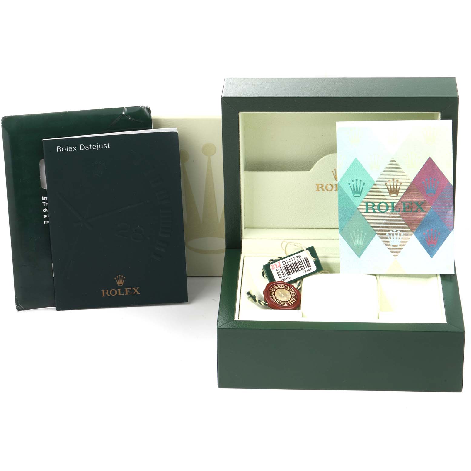 The image shows the Rolex Datejust 179173 Women
s Steel and Gold (two tone) Silver Dial 179173 Women
s Steel and Gold (two tone) Silver Dial packaging, including the box, manual, tag, and warranty card.