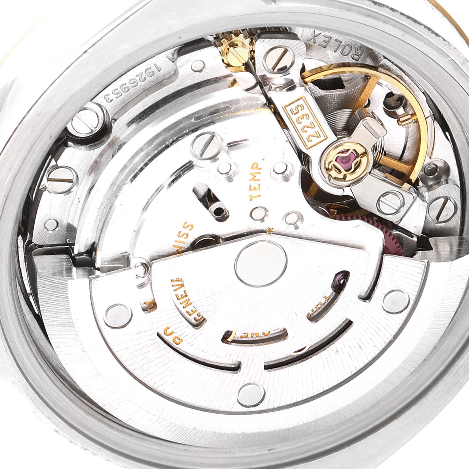 This image shows the intricate internal mechanism of a Rolex Datejust 179173 Women
s Steel and Gold (two tone) Silver Dial 179173 Women
s Steel and Gold (two tone) Silver Dial watch, viewed from the back.
