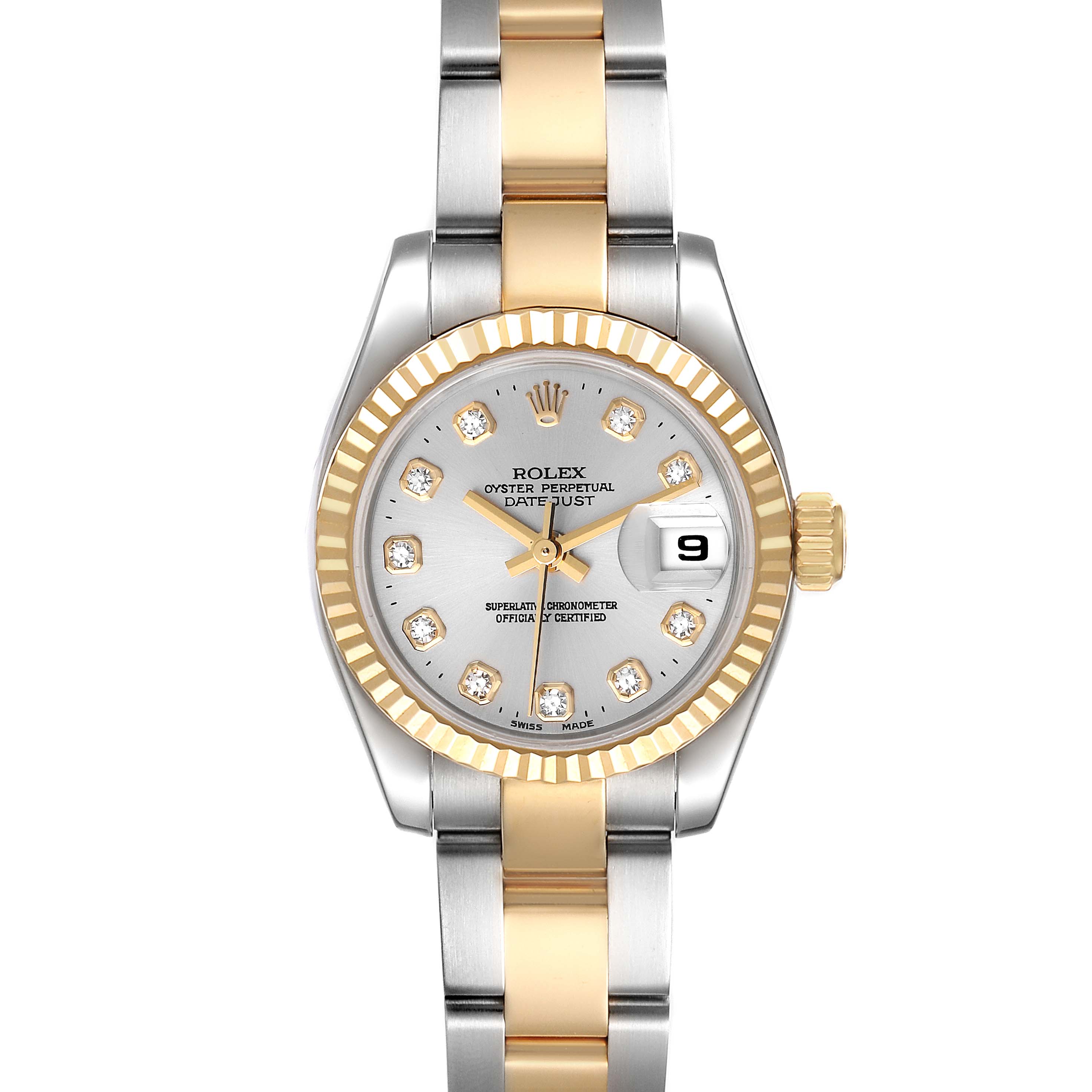 This image shows a Rolex Datejust 179173 Women
s Steel and Gold (two tone) Silver Dial 179173 Women
s Steel and Gold (two tone) Silver Dial watch from a front view, highlighting its two-tone bracelet and diamond-set dial.