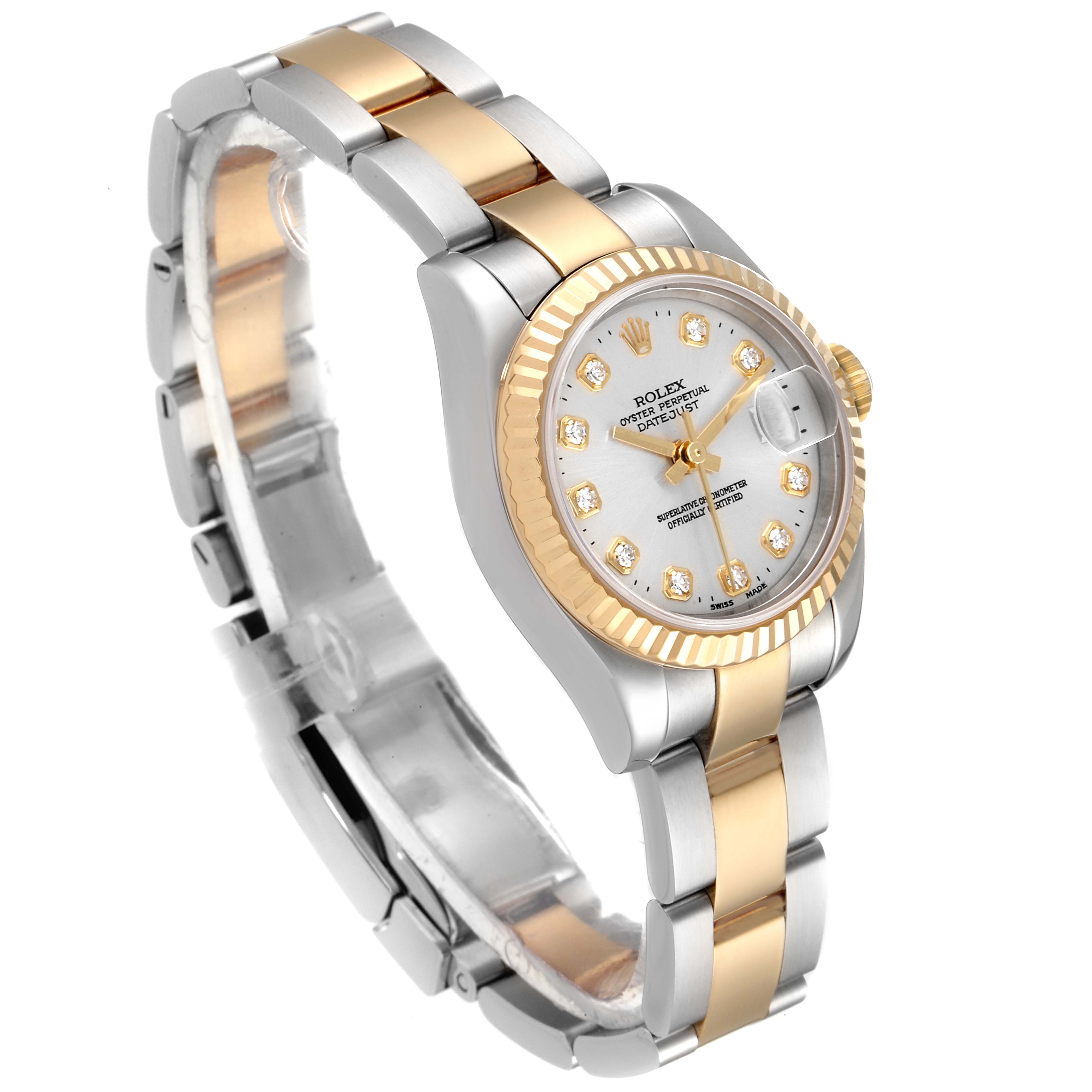 This image shows a Rolex Datejust 179173 Women
s Steel and Gold (two tone) Silver Dial 179173 Women
s Steel and Gold (two tone) Silver Dial watch at a front angle, highlighting its two-tone bracelet and fluted bezel.