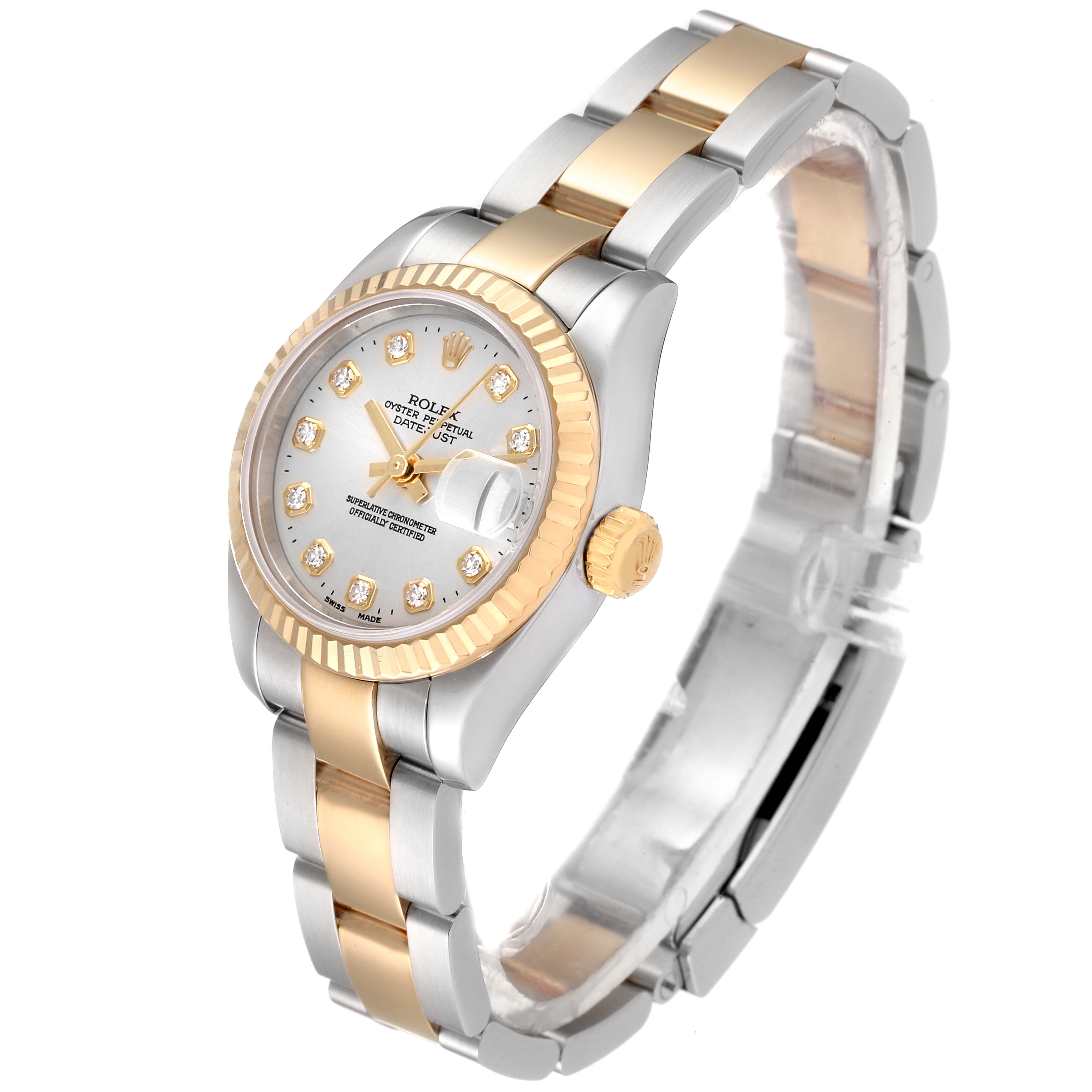 The Rolex Datejust 179173 Women
s Steel and Gold (two tone) Silver Dial 179173 Women
s Steel and Gold (two tone) Silver Dial watch is shown at a slight angle, displaying the face, bezel, crown, and part of the bracelet.
