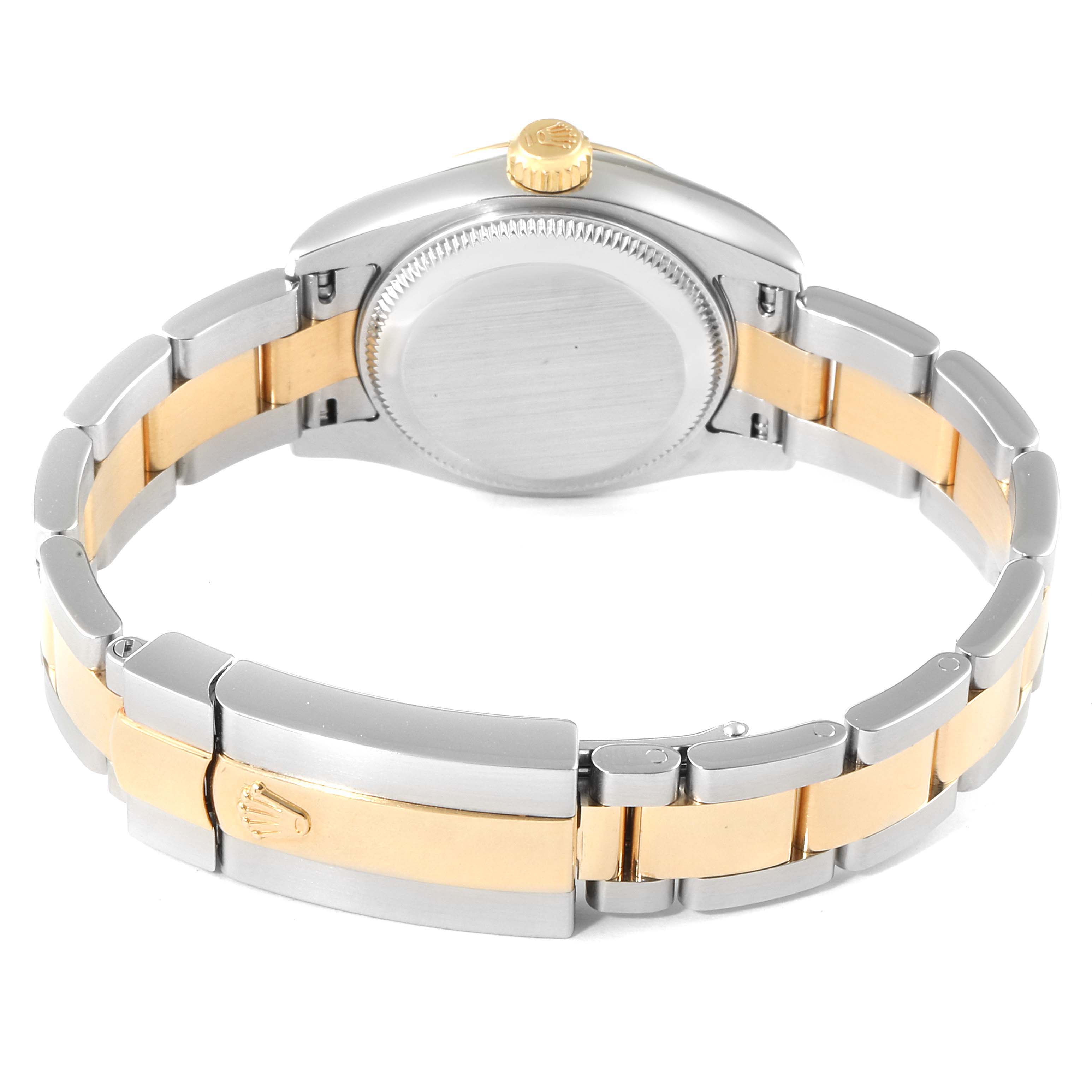 The image shows the back case and bracelet of a Rolex Datejust 179173 Women
s Steel and Gold (two tone) Silver Dial 179173 Women
s Steel and Gold (two tone) Silver Dial watch, emphasizing the two-tone metal links and clasp.