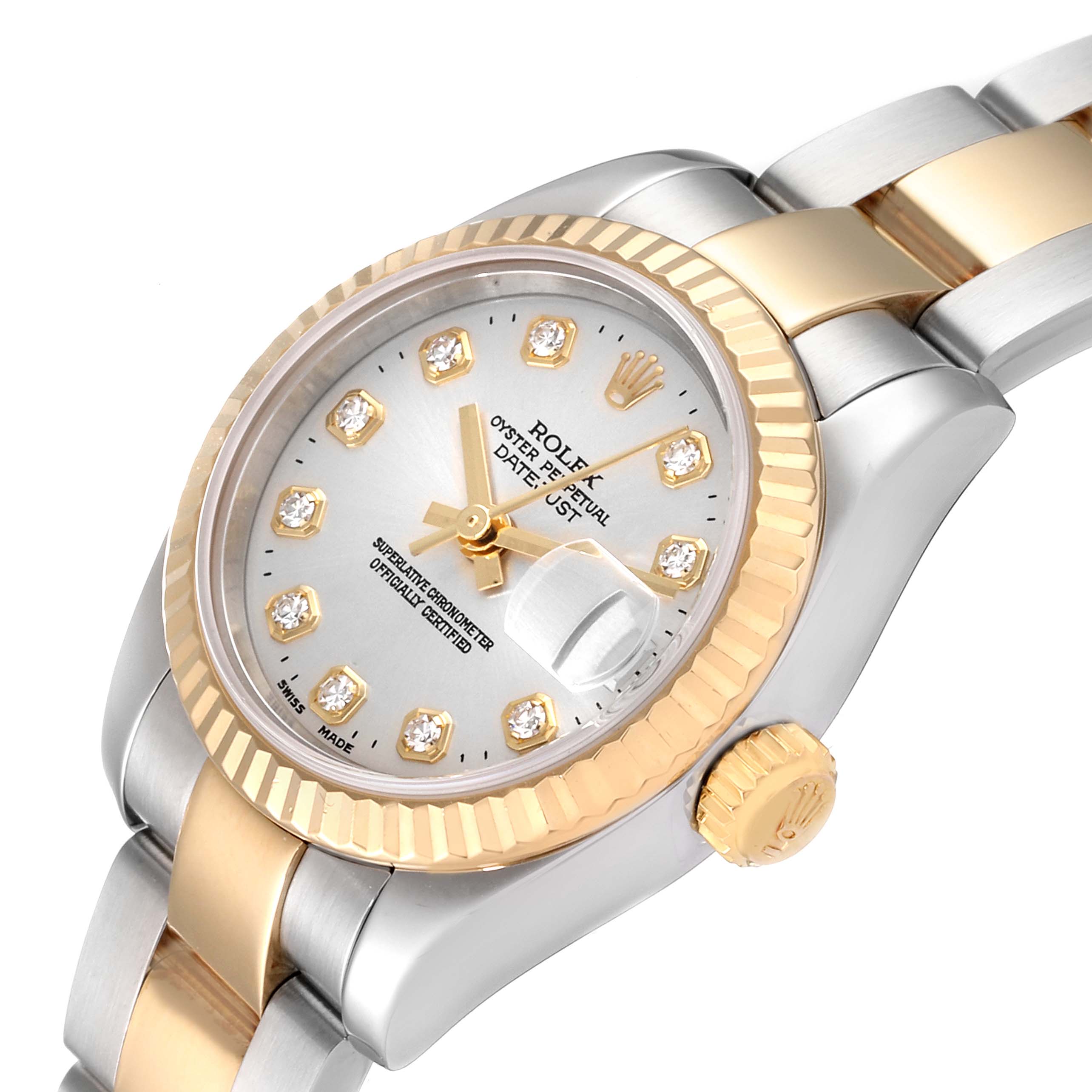 The image shows a close-up of the Rolex Datejust 179173 Women
s Steel and Gold (two tone) Silver Dial 179173 Women
s Steel and Gold (two tone) Silver Dial watch face, crown, and part of the bracelet at a slight angle.