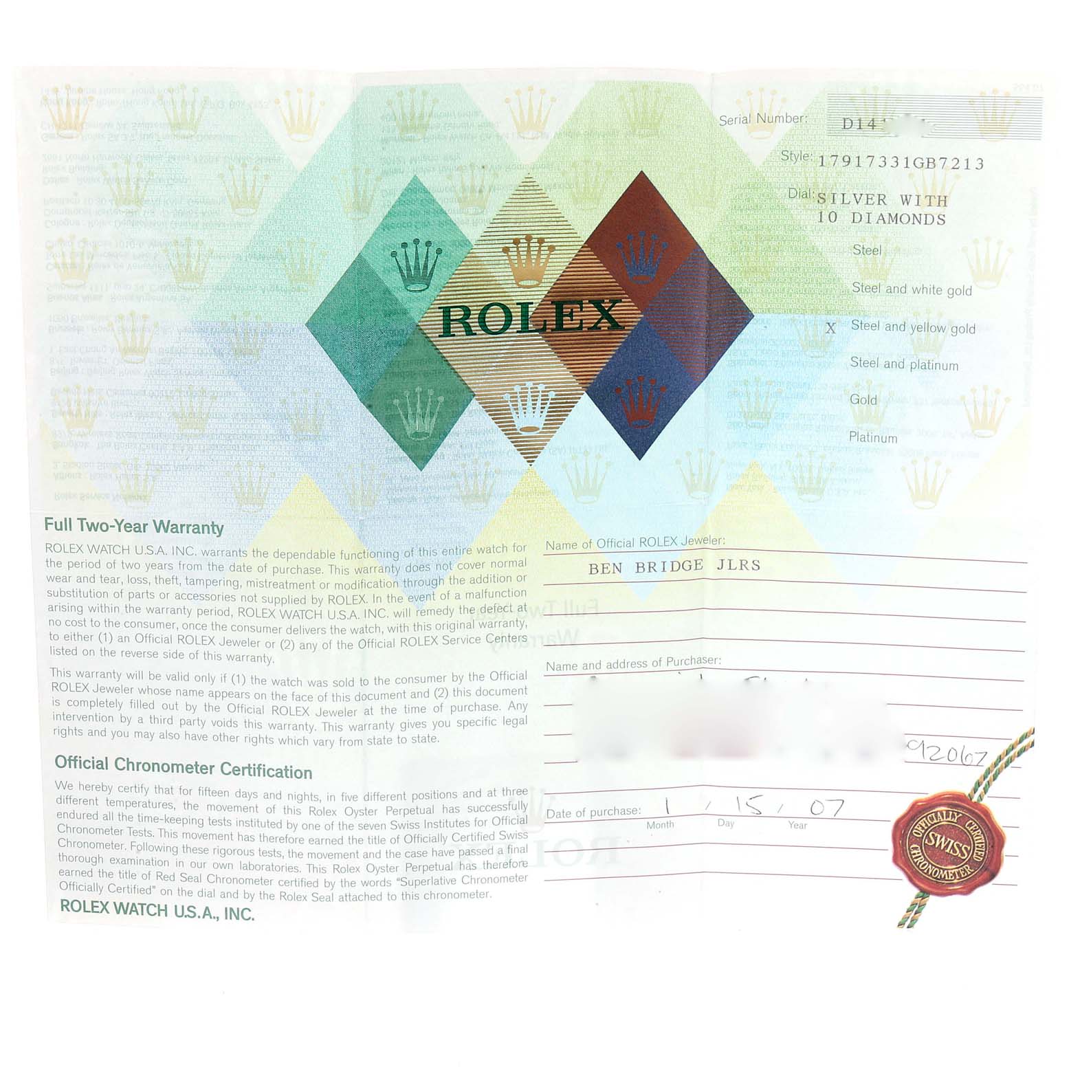 This image shows the warranty and certification document for a Rolex Datejust 179173 Women
s Steel and Gold (two tone) Silver Dial 179173 Women
s Steel and Gold (two tone) Silver Dial watch.