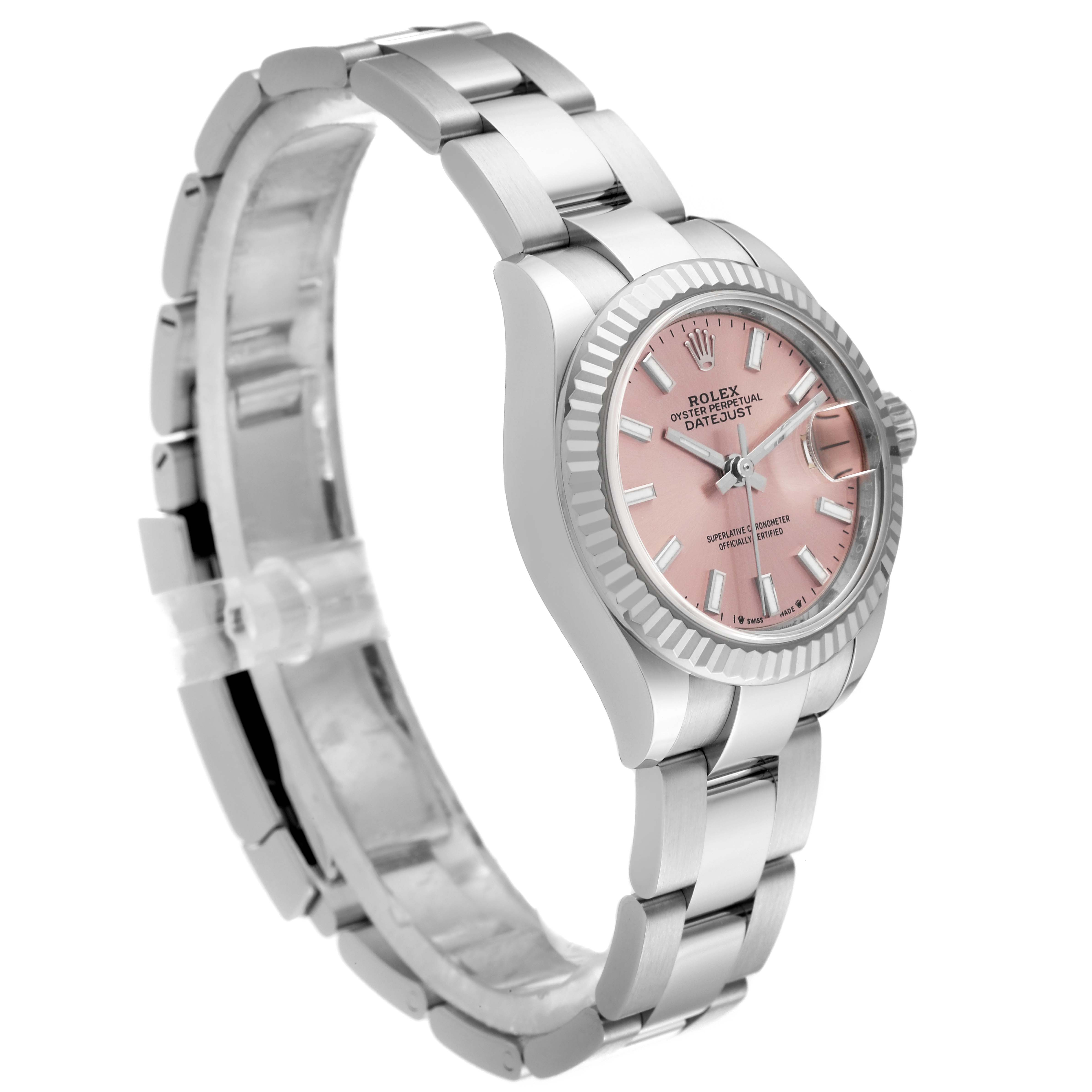The Rolex Datejust 279174 Women's Stainless Steel Pink Dial 279174 Women's Stainless Steel Pink Dial watch is shown at an angled side view, highlighting the pink dial, fluted bezel, and bracelet.