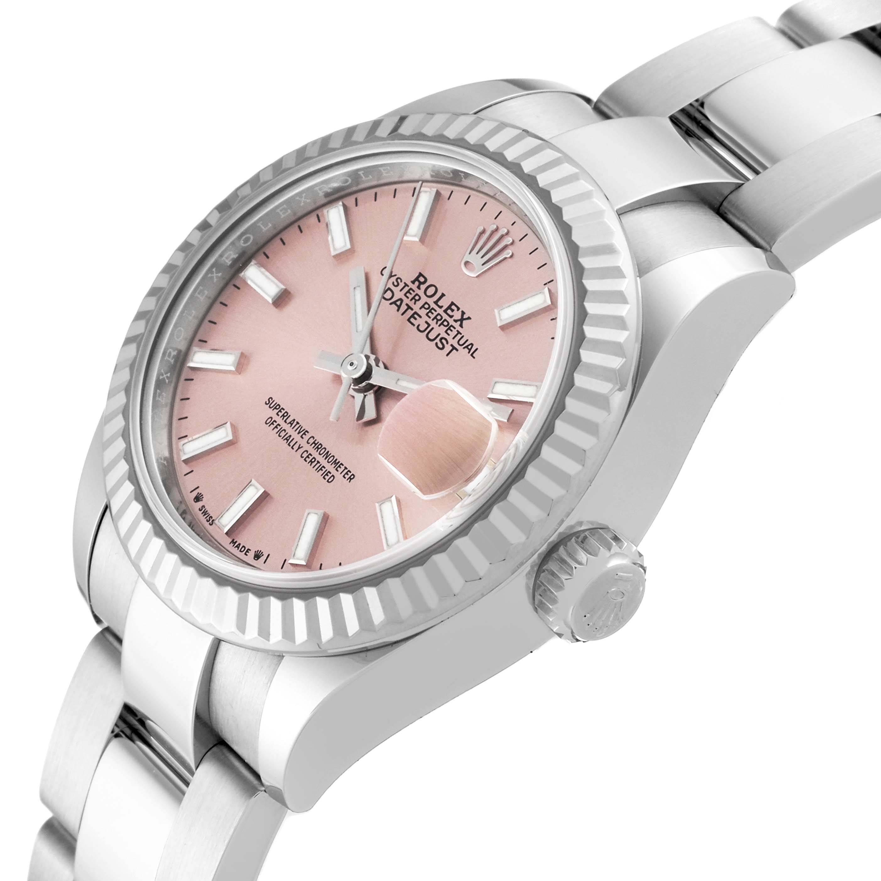 The Rolex Datejust 279174 Women's Stainless Steel Pink Dial 279174 Women's Stainless Steel Pink Dial watch is shown at an angled view, highlighting the pink dial, fluted bezel, and part of the bracelet.