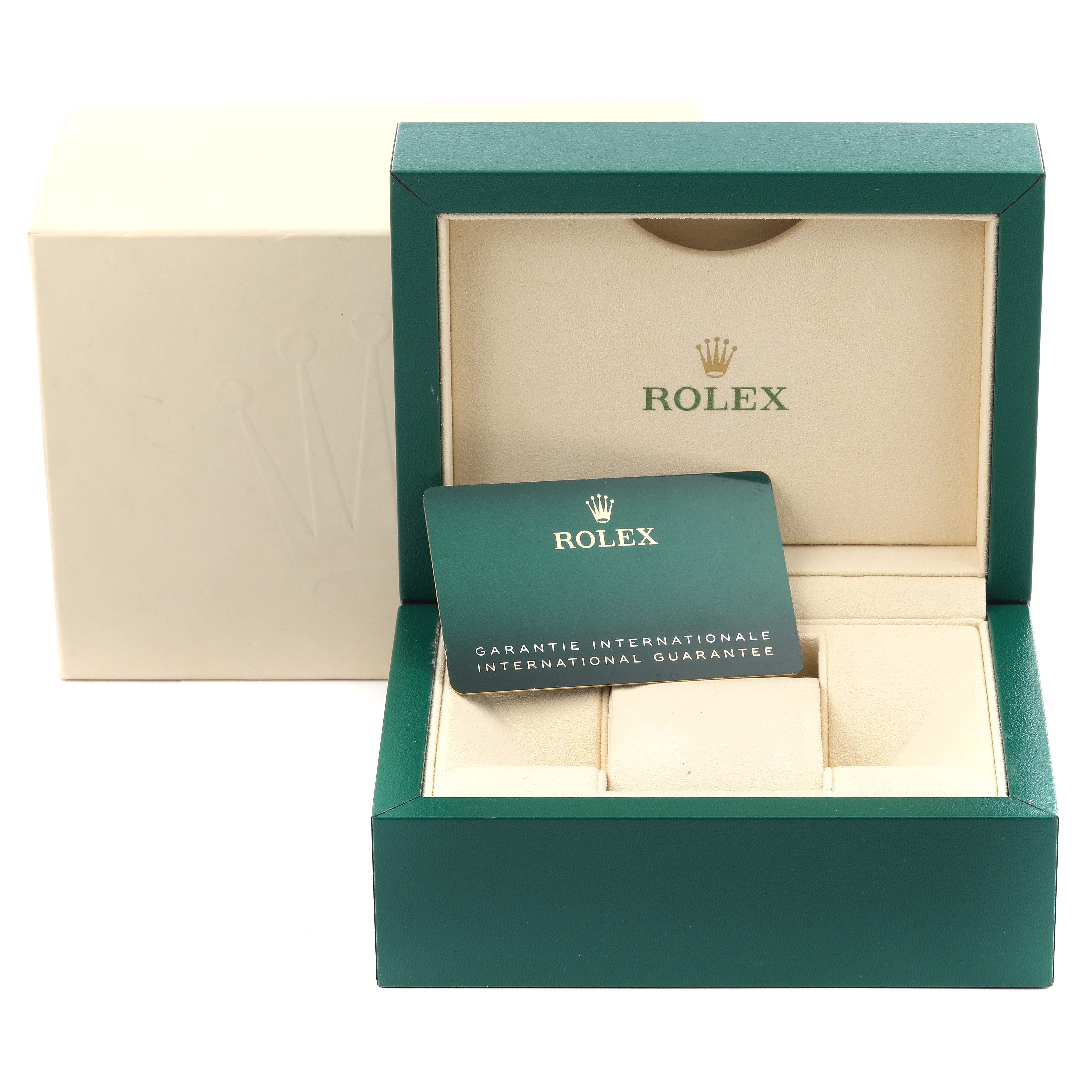 The image shows a Rolex Datejust 279174 Women's Stainless Steel Pink Dial 279174 Women's Stainless Steel Pink Dial box and international guarantee card, viewed from the front.