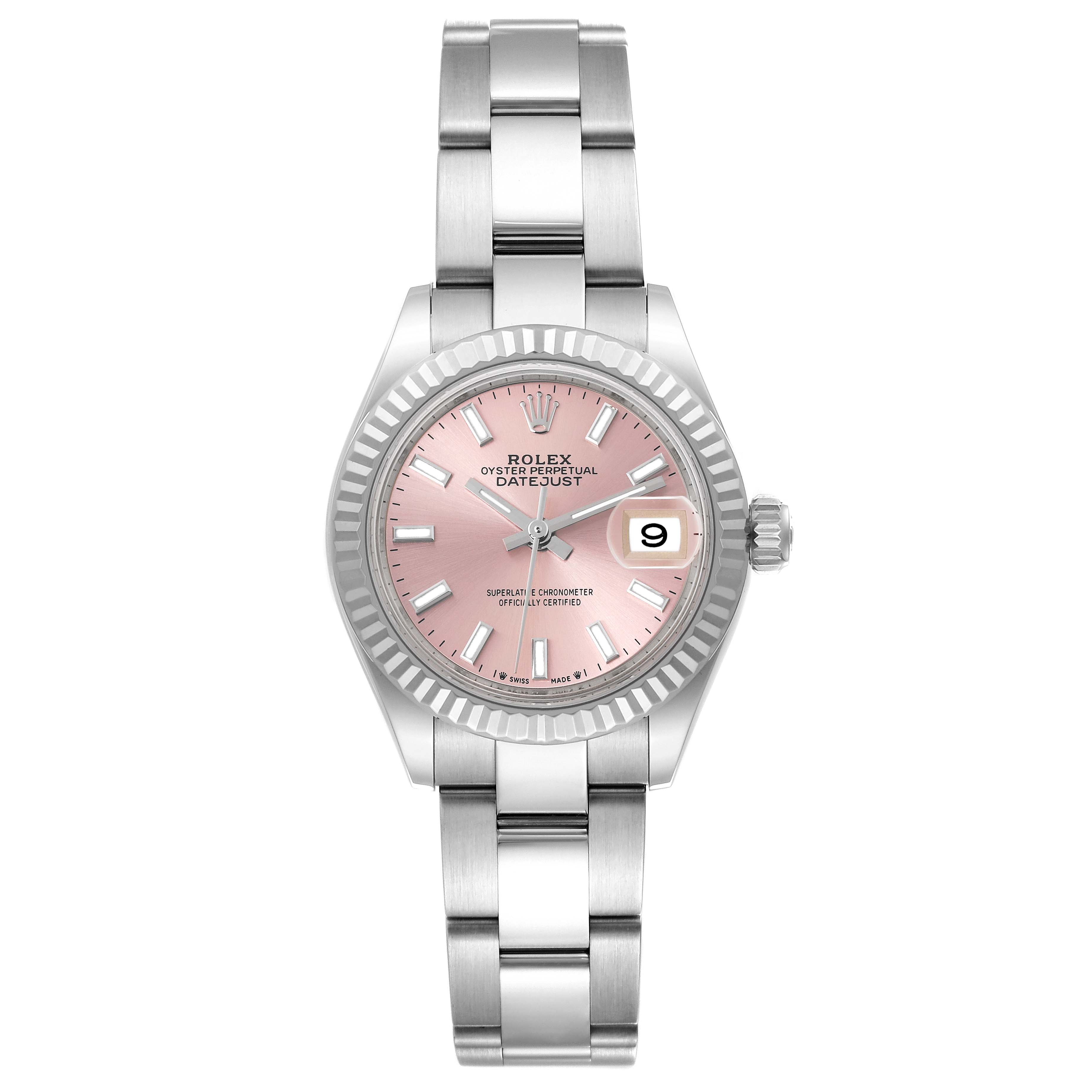 The Rolex Datejust 279174 Women's Stainless Steel Pink Dial 279174 Women's Stainless Steel Pink Dial watch is shown from the front, displaying the full face, bracelet, and crown.