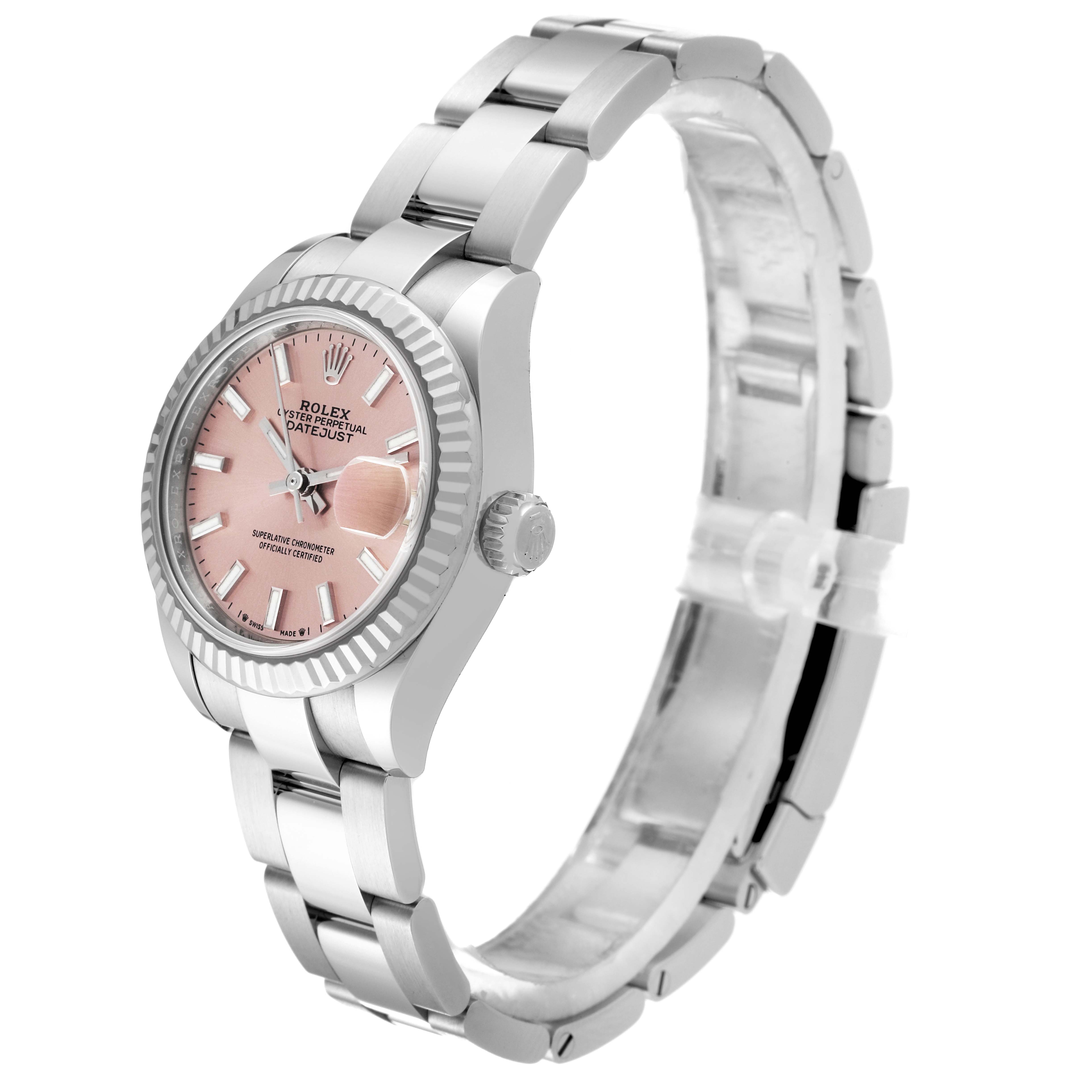 The Rolex Datejust 279174 Women's Stainless Steel Pink Dial 279174 Women's Stainless Steel Pink Dial watch is shown at an angle highlighting the dial, bezel, crown, and bracelet.