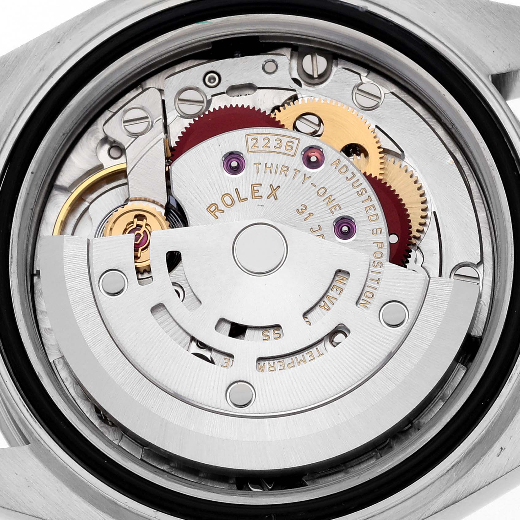 The image shows the movement and mechanics of a Rolex Datejust 279174 Women's Stainless Steel Pink Dial 279174 Women's Stainless Steel Pink Dial watch from a back view.