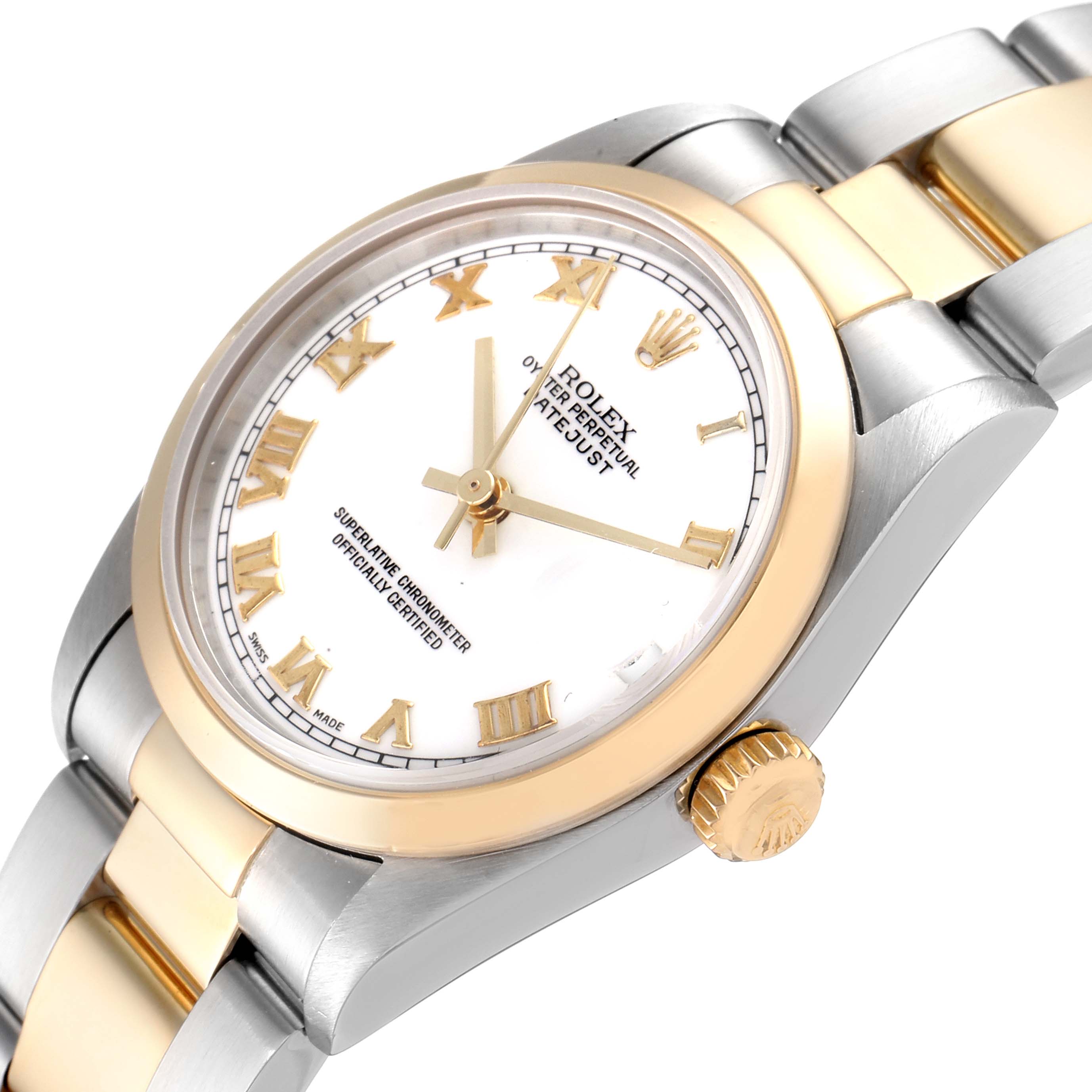 This image shows a mid-size Rolex Datejust at an angled view, highlighting the dial, bezel, crown, and bracelet.
